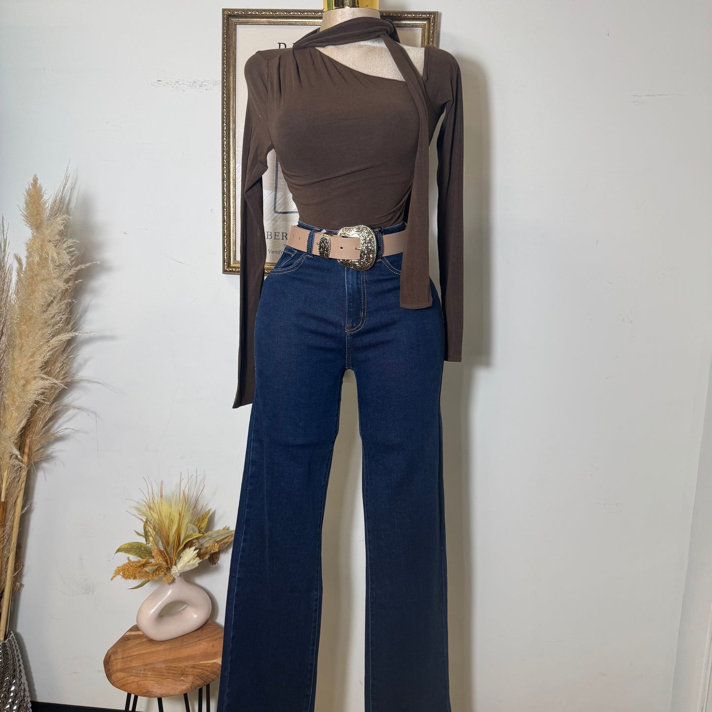 Asymmetric Neckline Knit Top-Chocolate