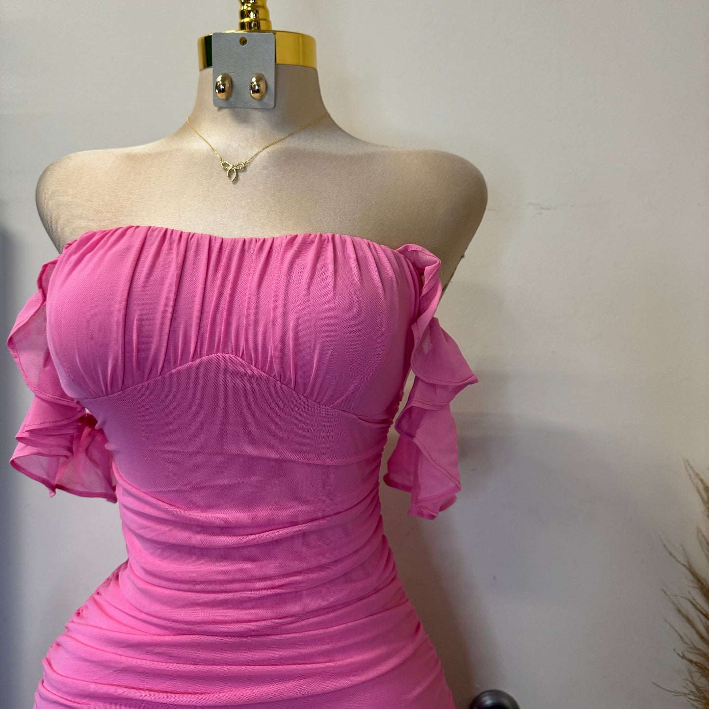 Annalise  Off Shoulder Mesh Asymmetrical Ruffle Hem Dress-Pink