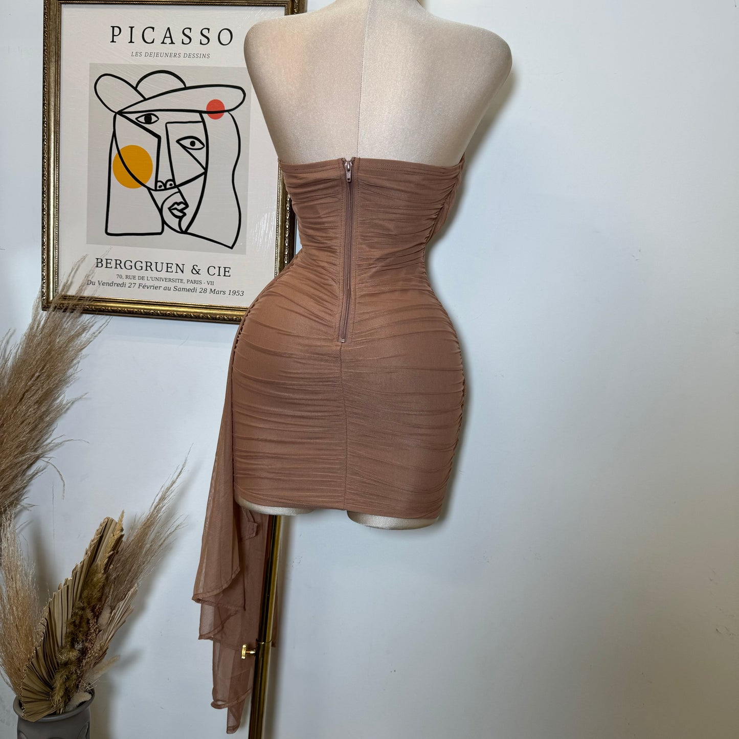 Sweetheart Draped Tube Mini Dress-Mocha