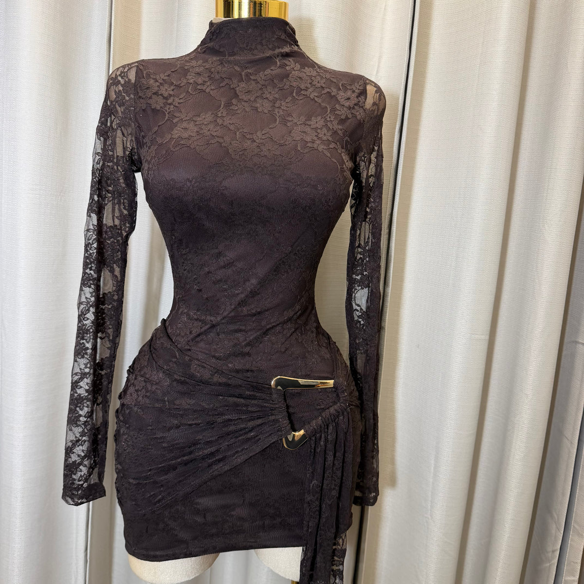 Long Sleeve lace front Sash With Trim Detail Mini Dress-Brown