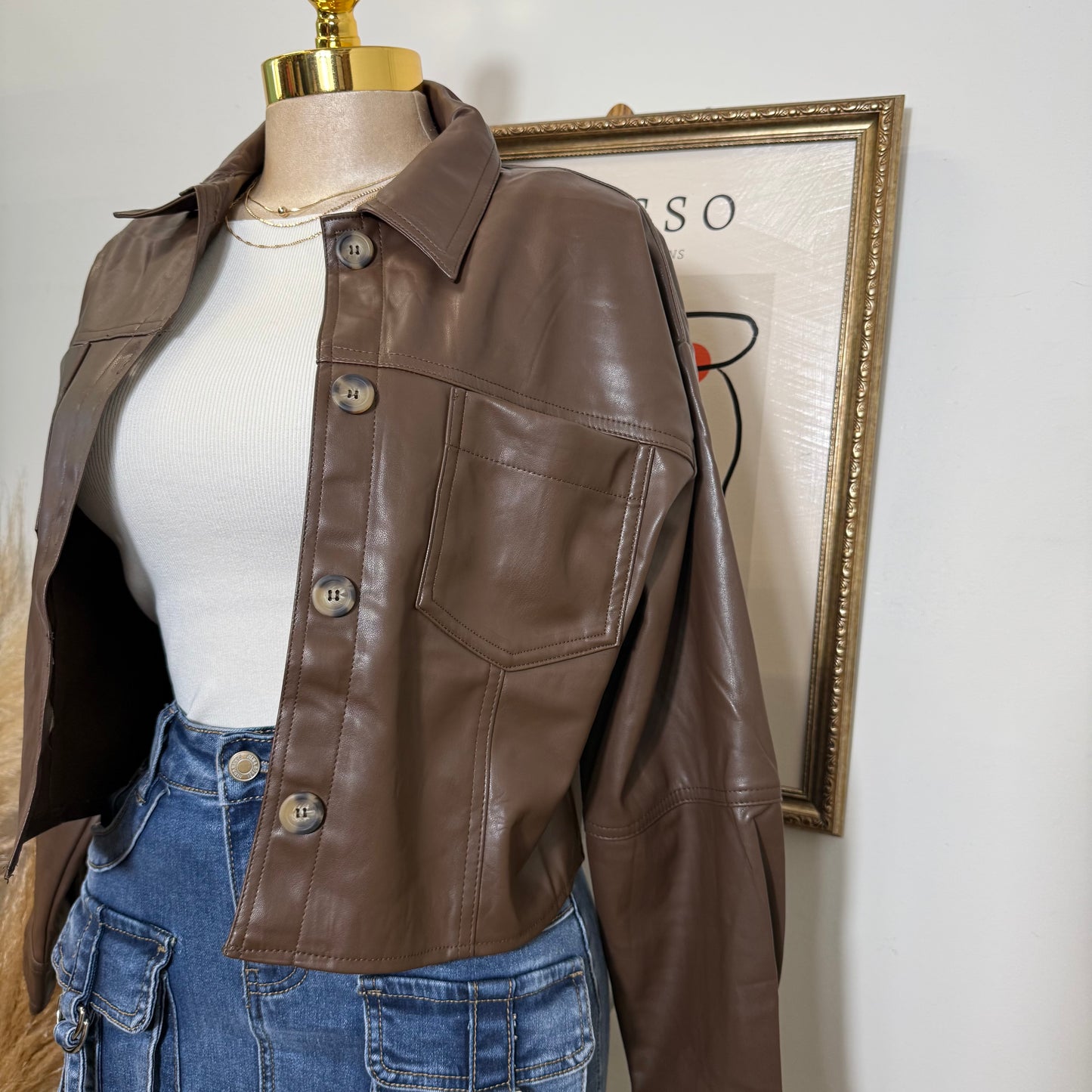 Pu Faux Leather Cropped Jacket-Brown