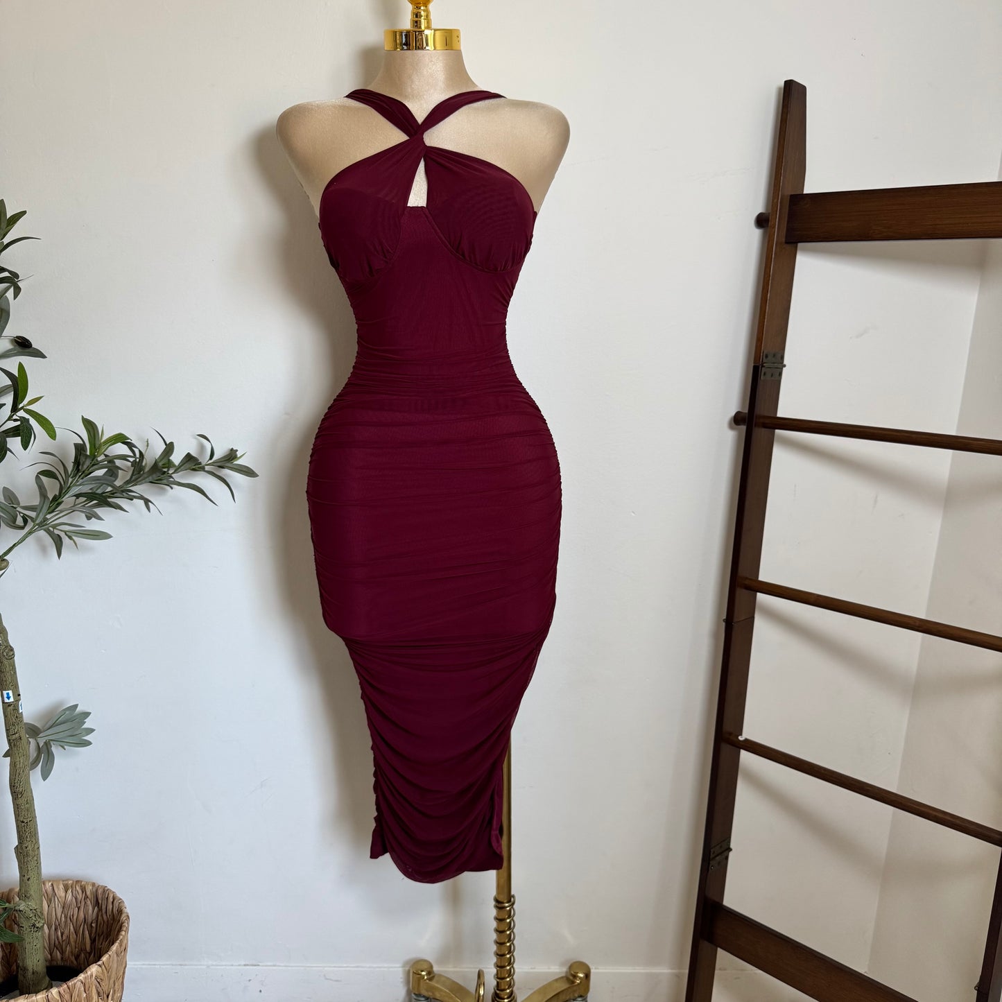 Inara Mesh Twist Halter Neck Midi Dress-Burgundy