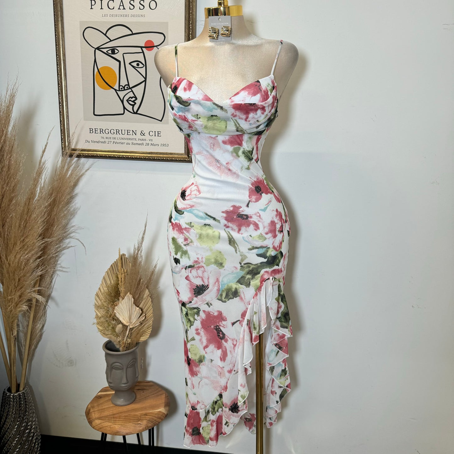 Mixie Mesh Open Slit Dress-Flower Print