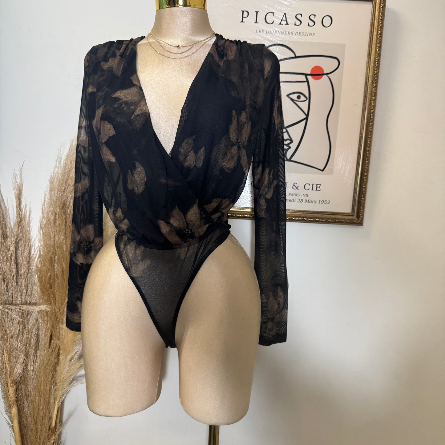 Printed Mesh Surplice Bodysuit-Black