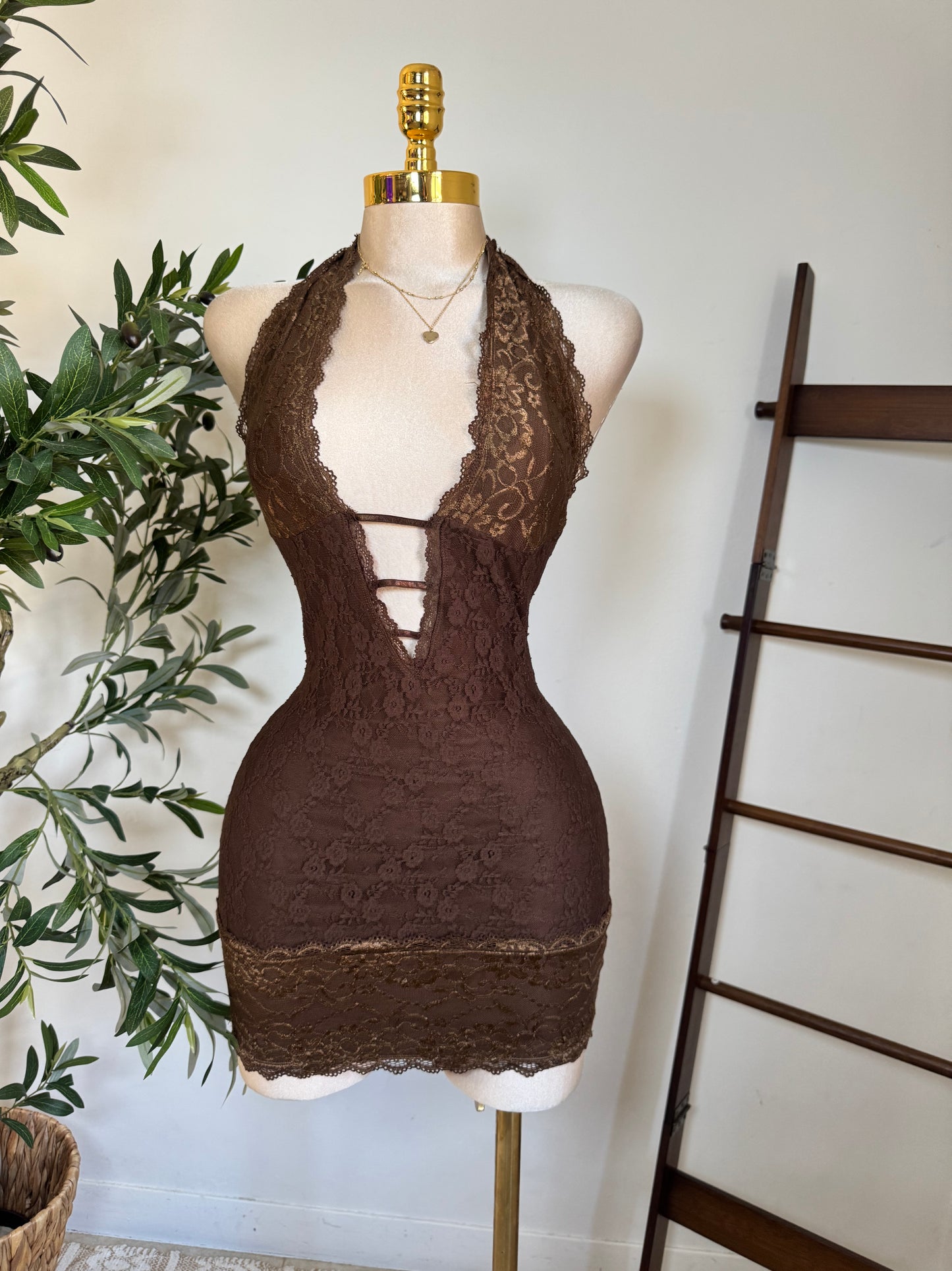 Sexy Lace Mini Dress-Brown