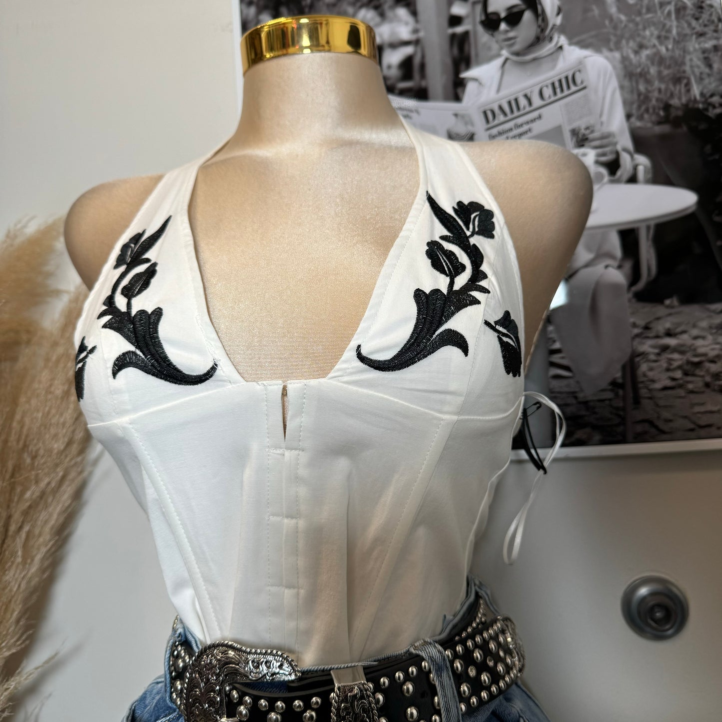 Maisie Western Embroidered Halter Top-White