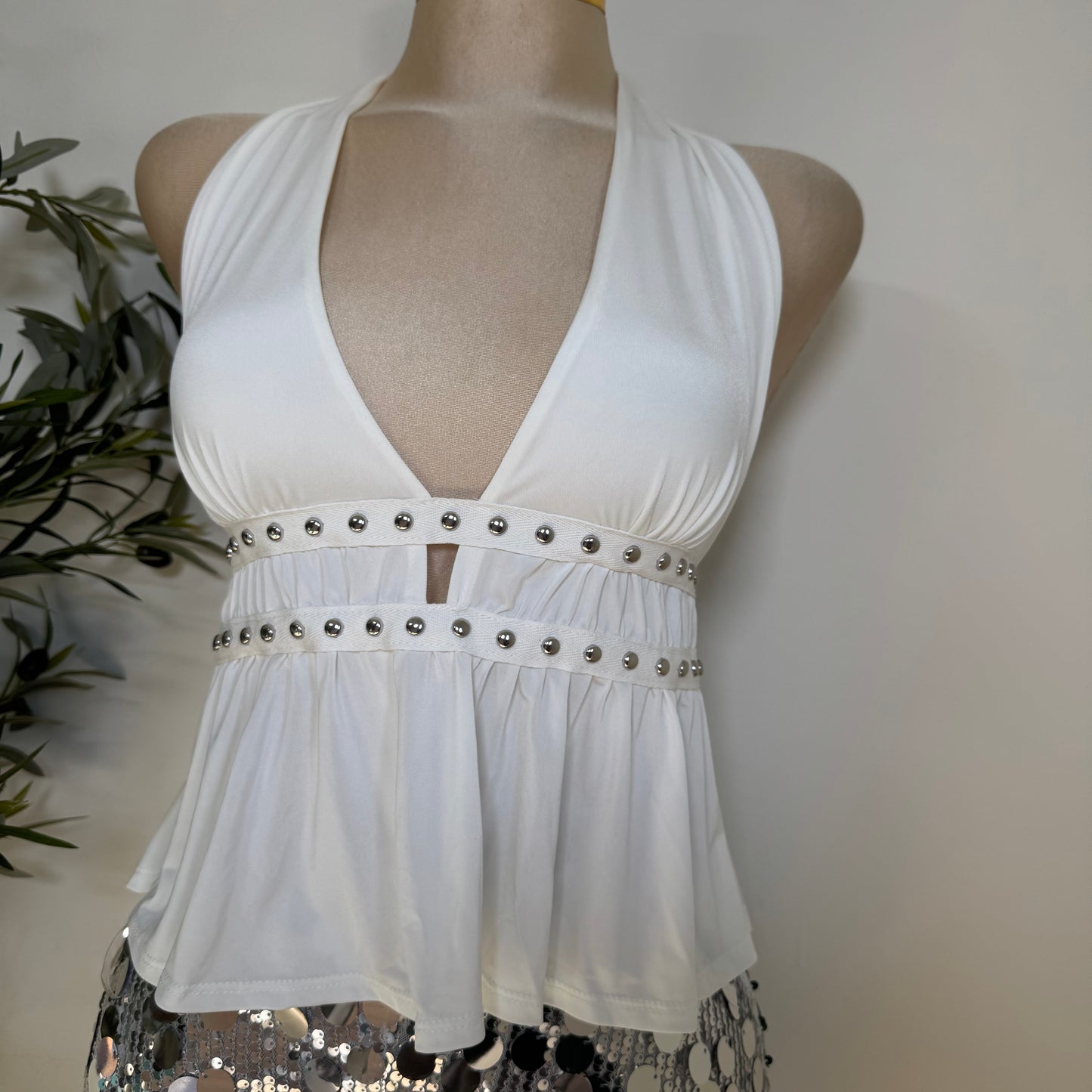 Venechia Halter Top with Studs -White