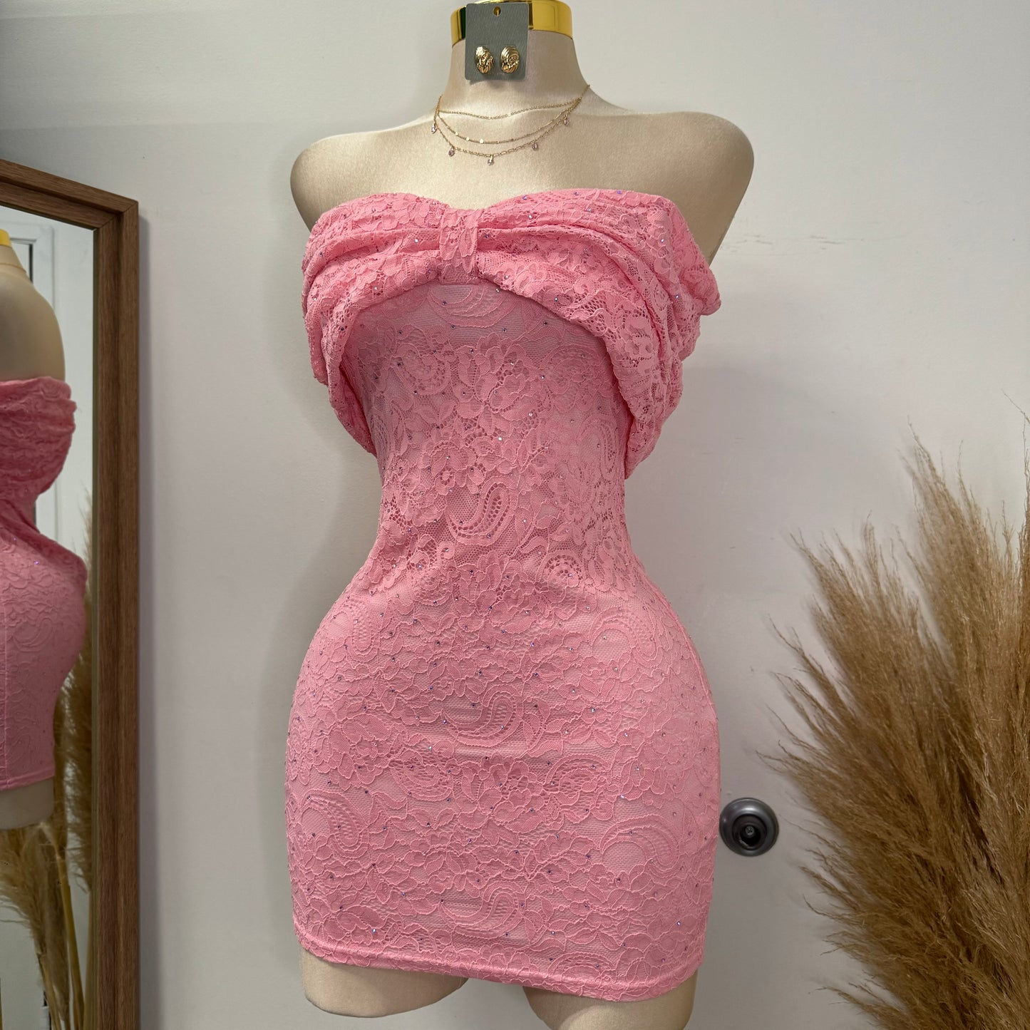 Bow Lace Rhinestone Dress-Pink