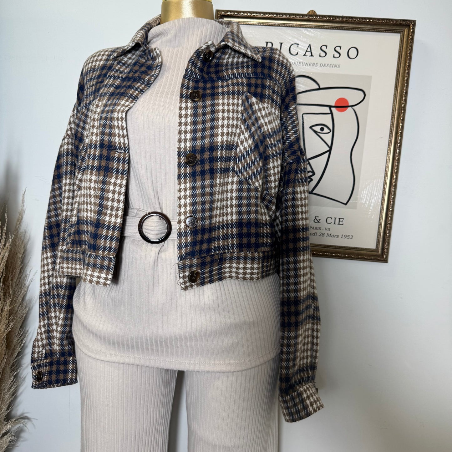 Cropped Button Down Plaid Jacket-Navy