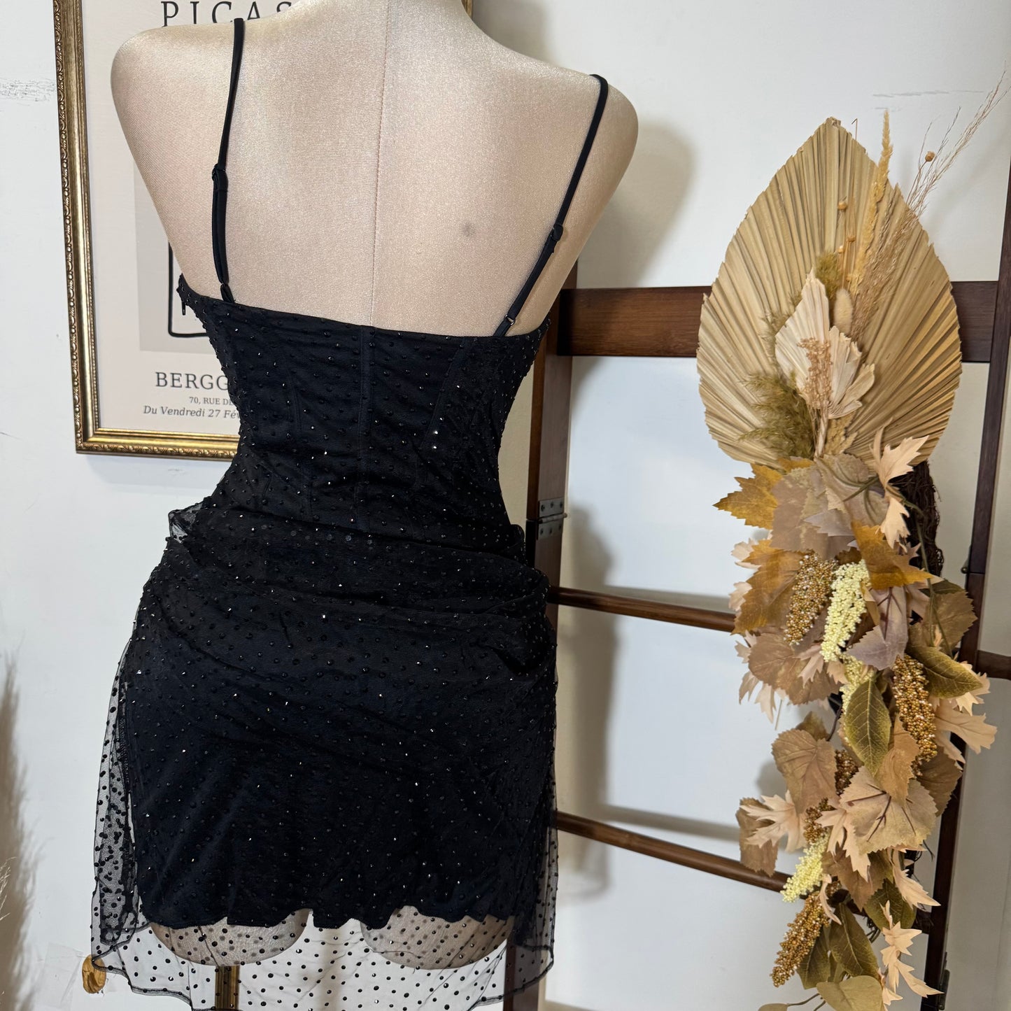 Rhinestone On Overlay Mesh Mini Dress SweetHeart Neckline Adjustable spaghetti Shoulder-Black