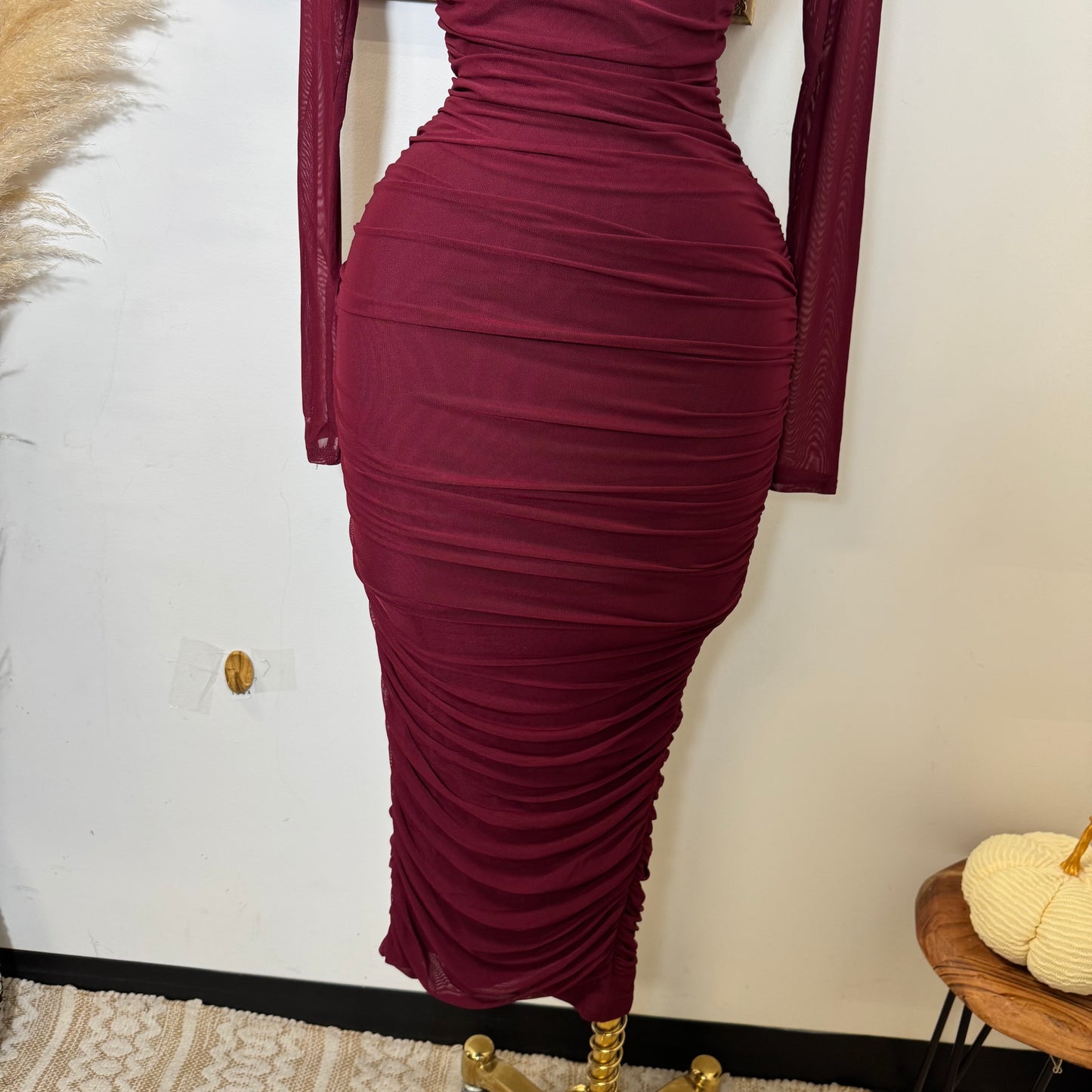 Round Neck Long Sleeve Ruching Midi Dress-Dk Cherry