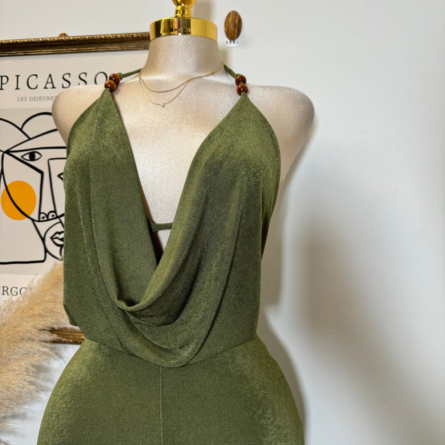 Bead Cowl Neck Halter Jumpsuit-Green