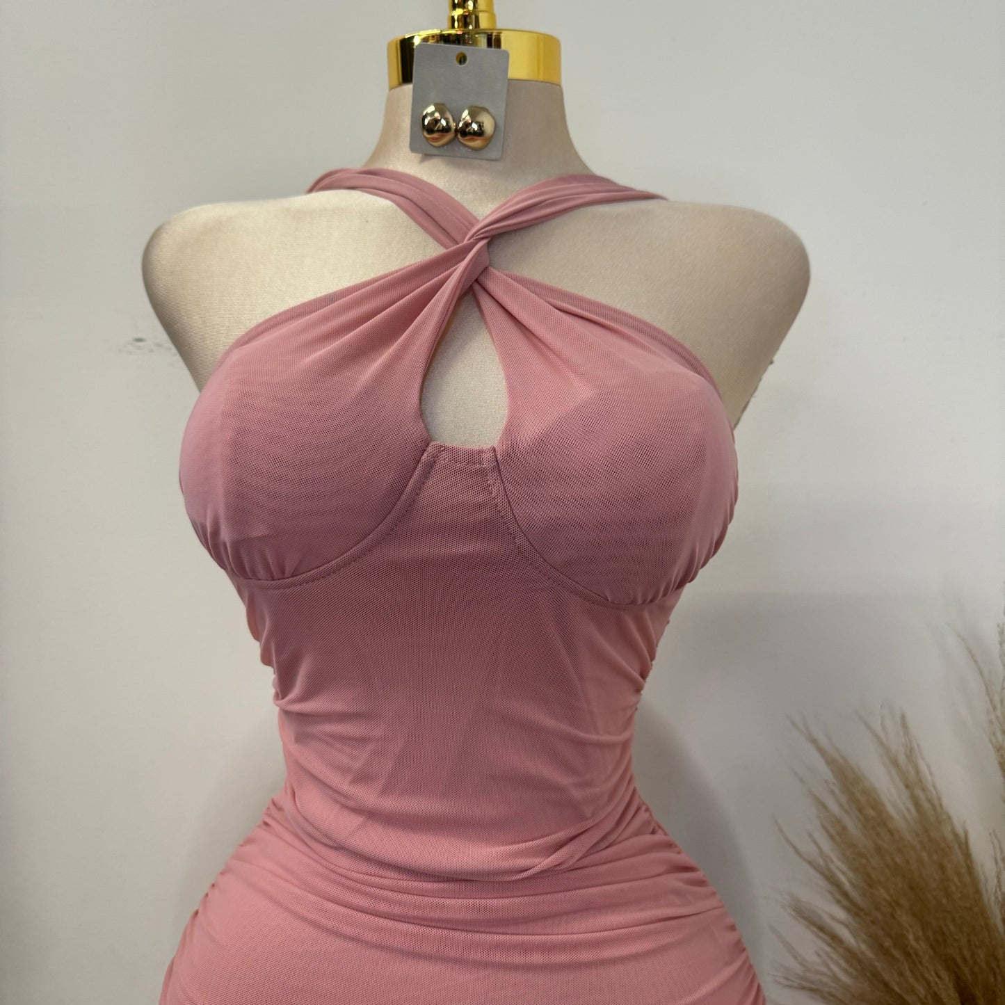 Inara Mesh Twist Halter Neck Midi Dress-Mauve