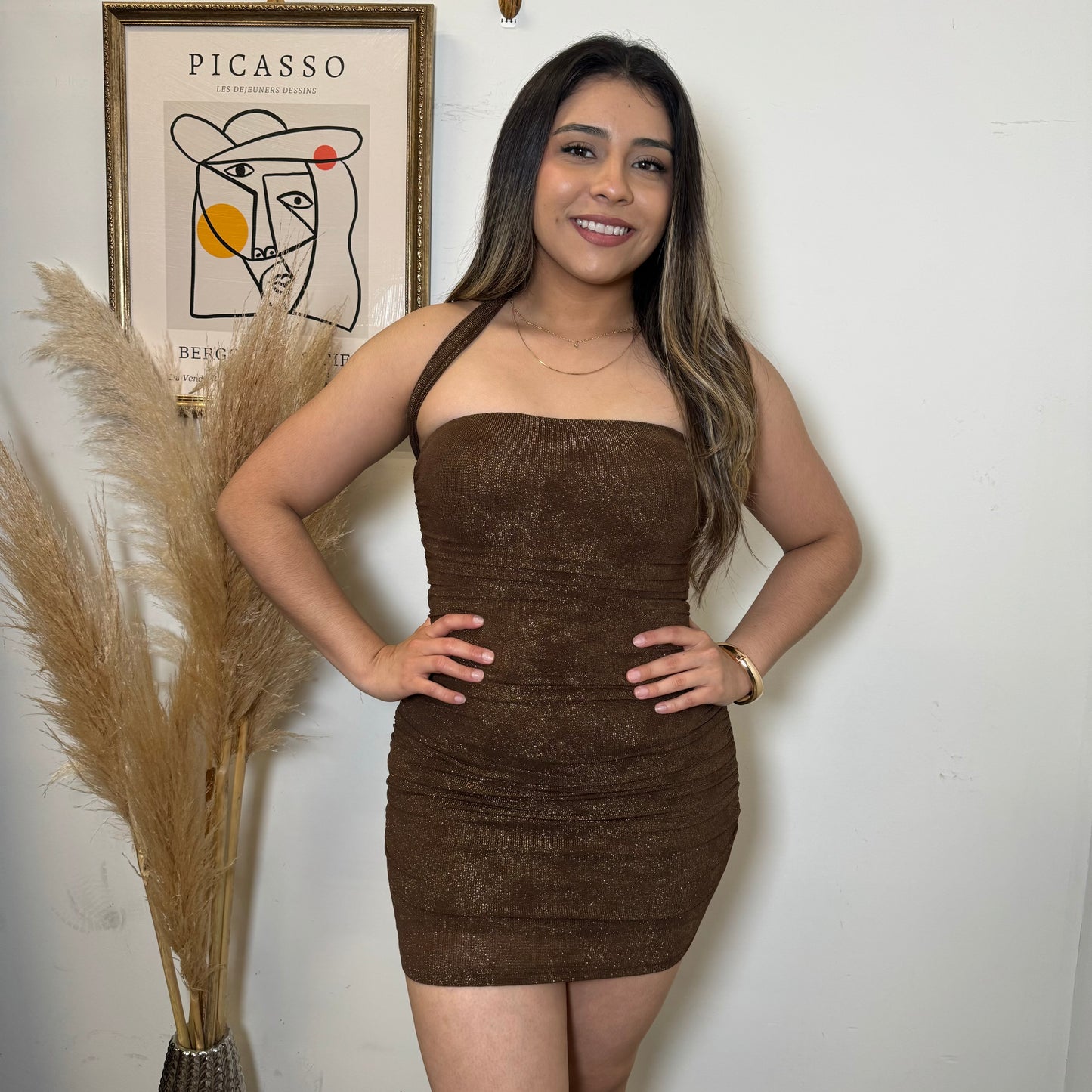 Metállic Net Mesh Mock Neck Tube Dress-Chocolate Gold