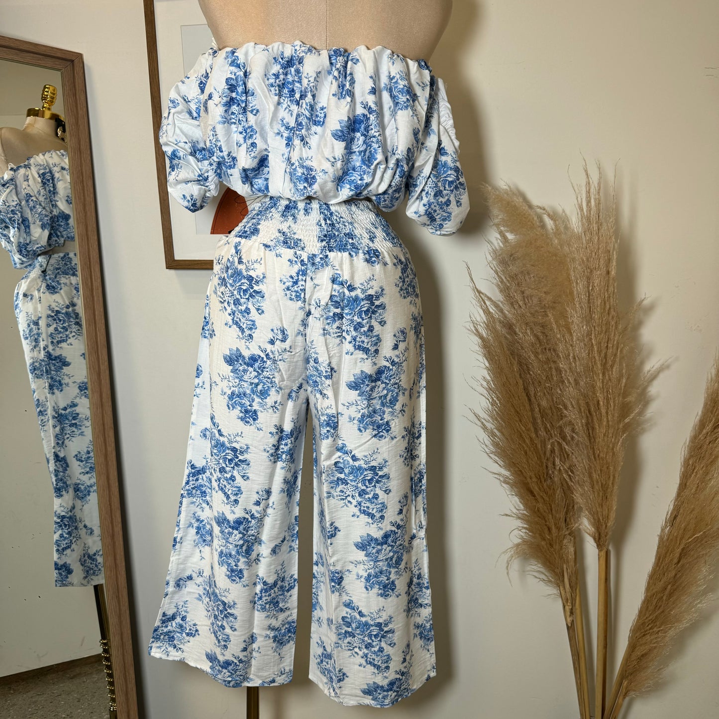 Off Shoulder Floral Top and Pant-Blue/White