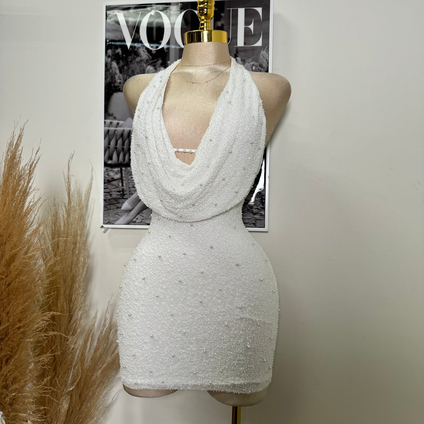 Cowl beaded Halter Dress-White