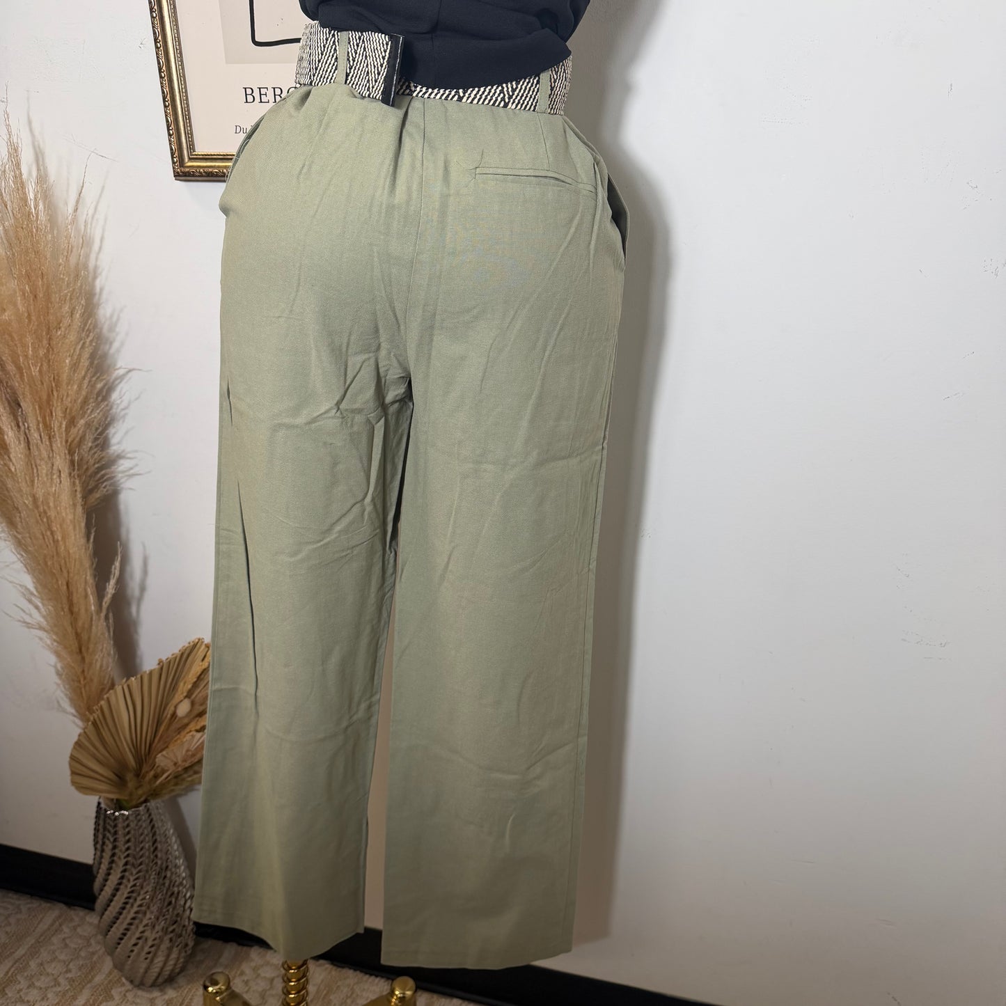 Linen Tribal Pattern Belt Wide Leg Pants-Sage