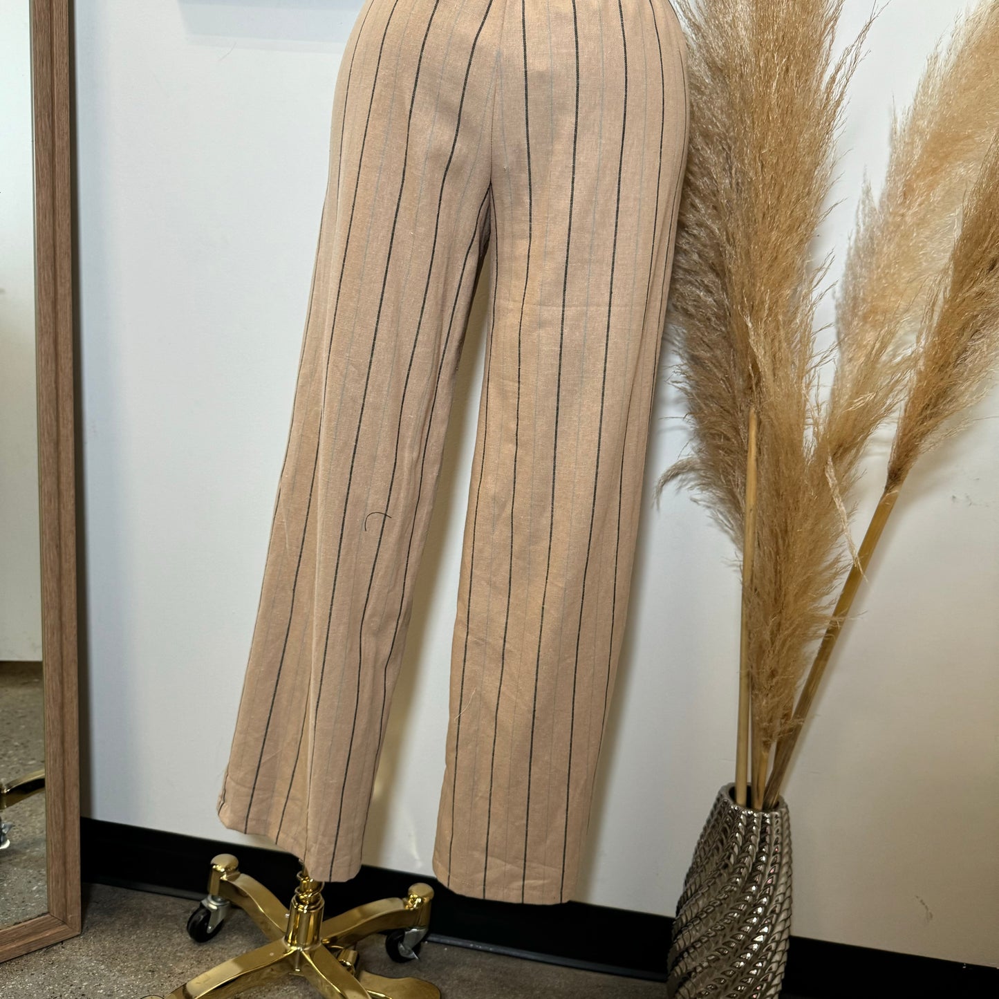 Knot Linen Pant Set-Beige with Black and Blue Stripes