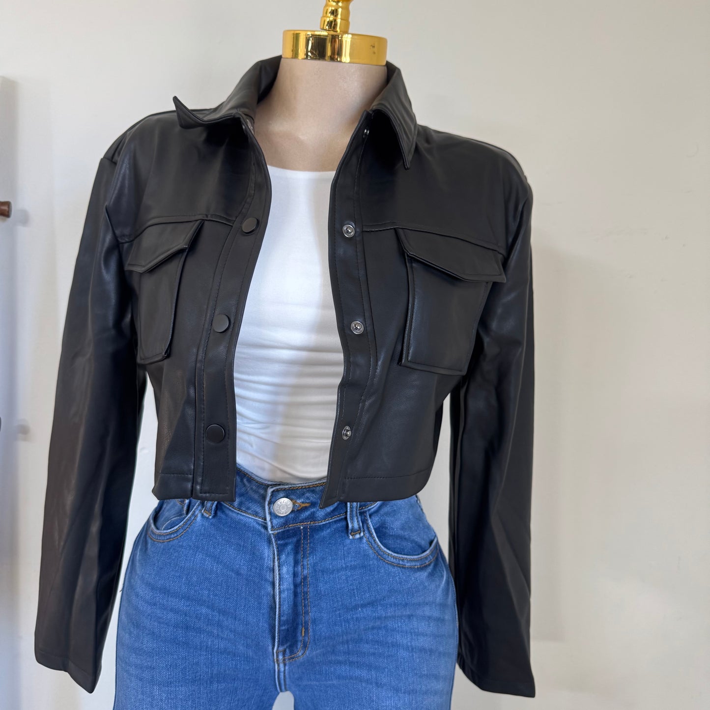 Pu Leather Cropped Jacket -Black