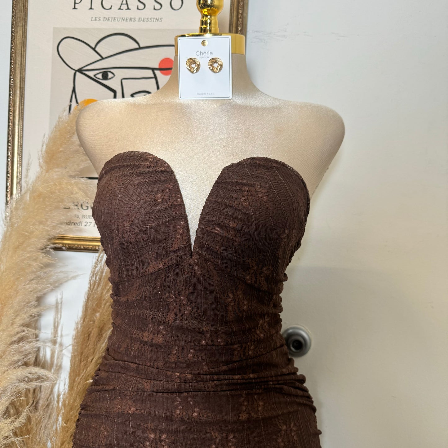 Sweetheart Shape Lace Dress-Brown