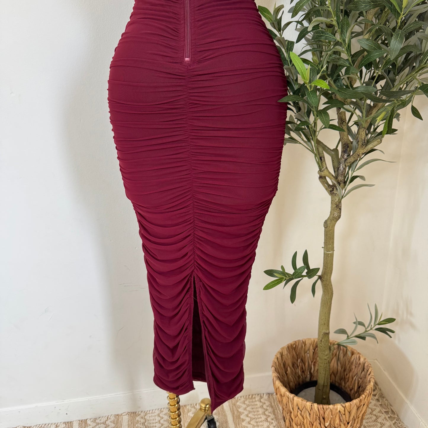 Mesh Off Shoulder Maxi Dress-Burgundy