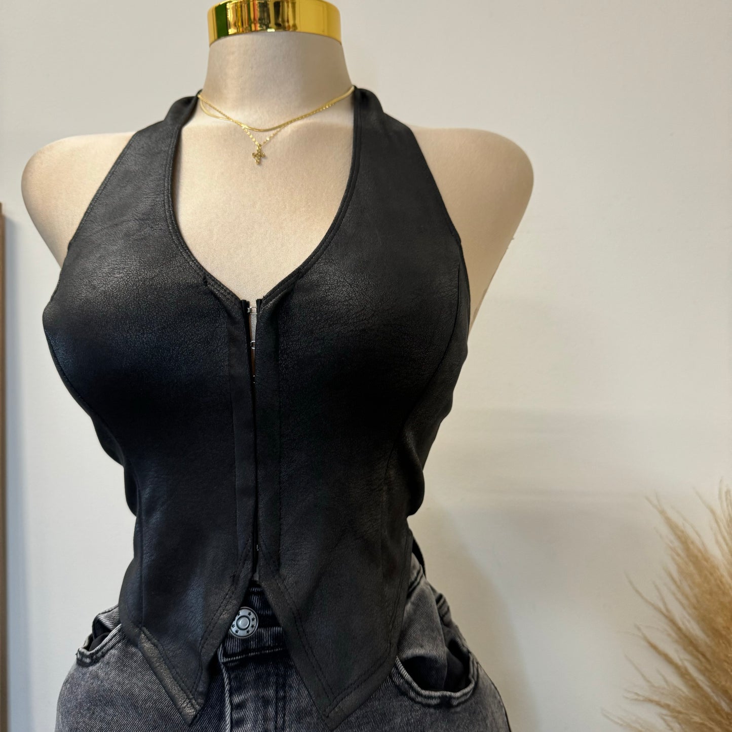 Suede Halter Crop Top Leather- Black
