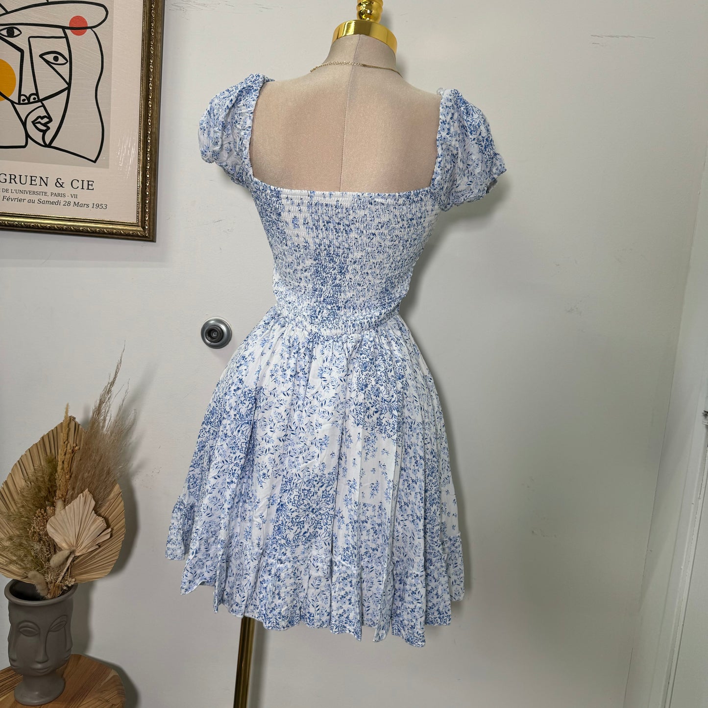 Square Neck Floral Corset Dress-Blue