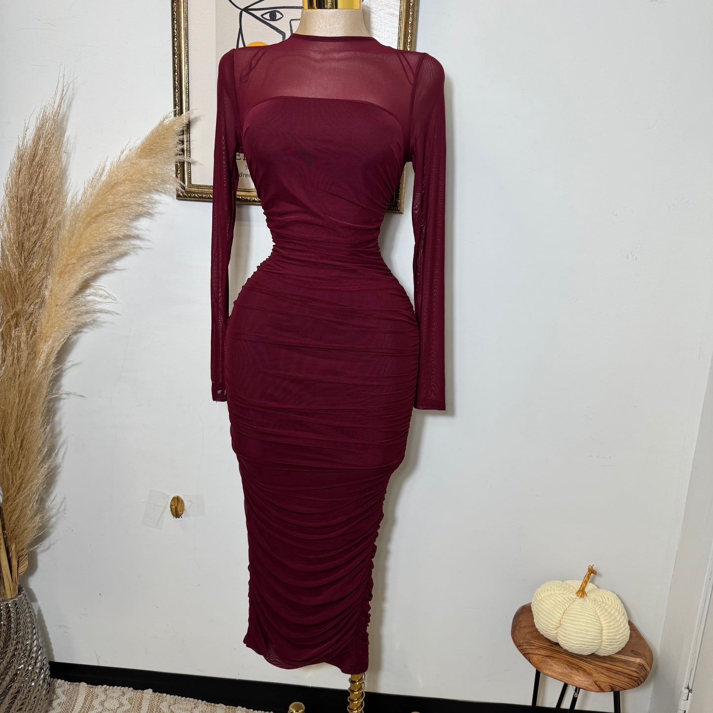 Round Neck Long Sleeve Ruching Midi Dress-Dk Cherry