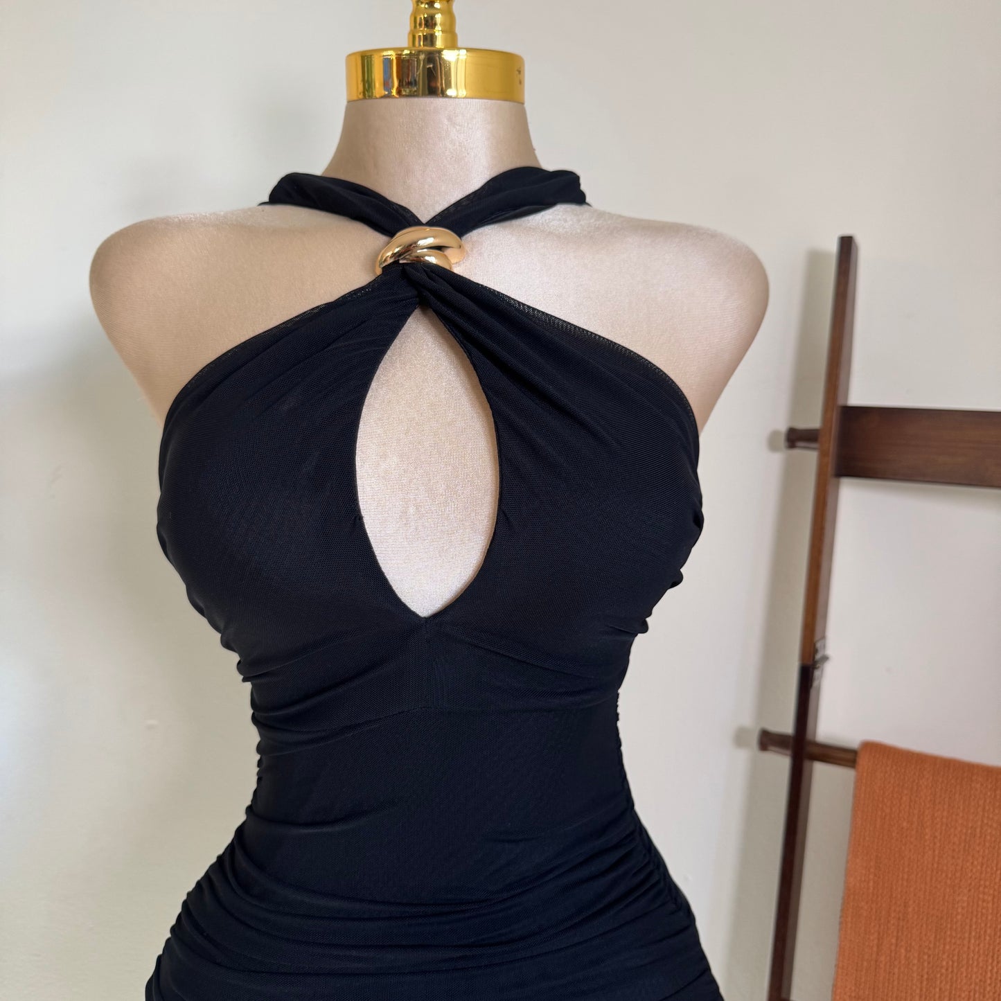 Halter Neck Trim Inset Ruched Bodycon Midi Dress-Black