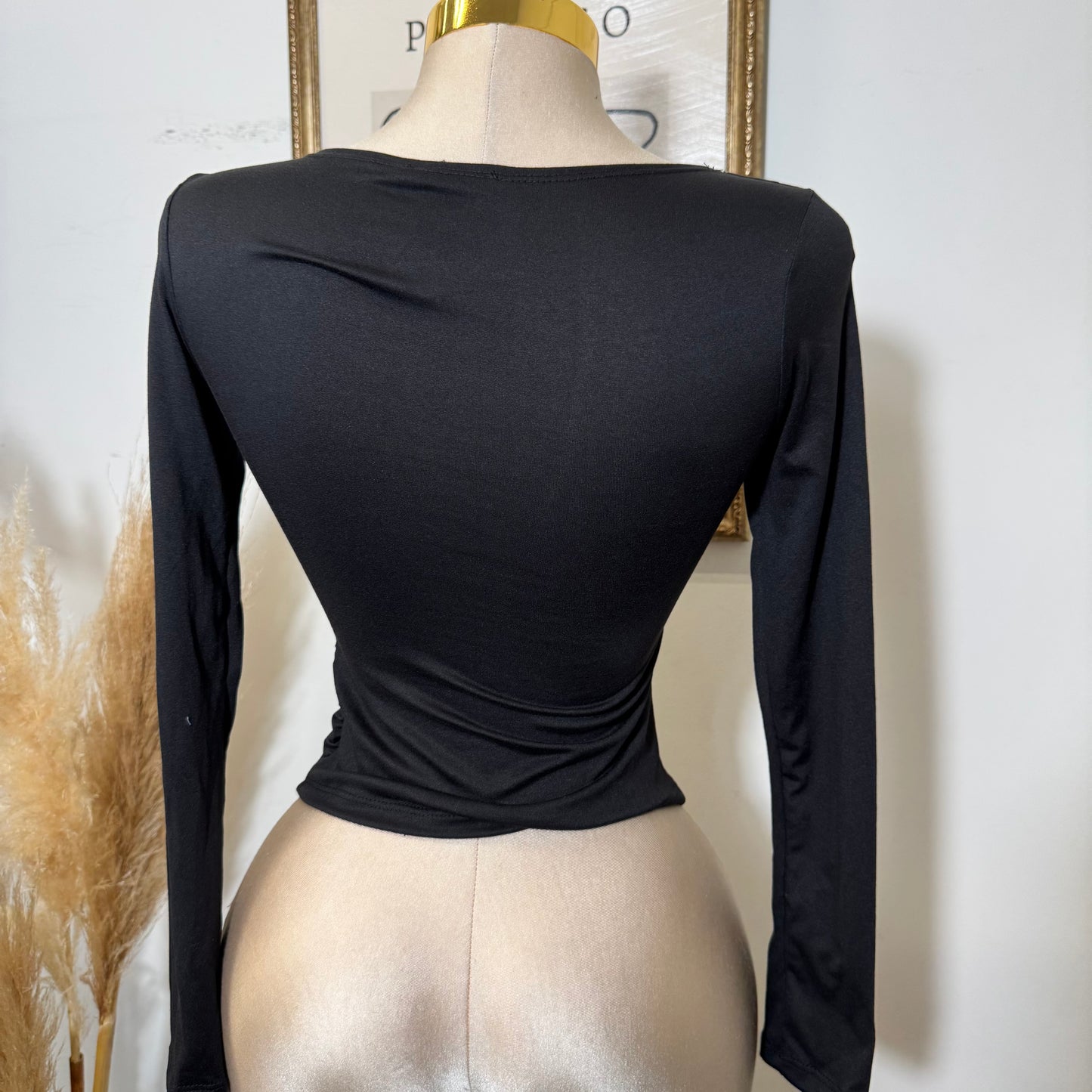 Ruched Long Sleeve Double Layered Top-Black