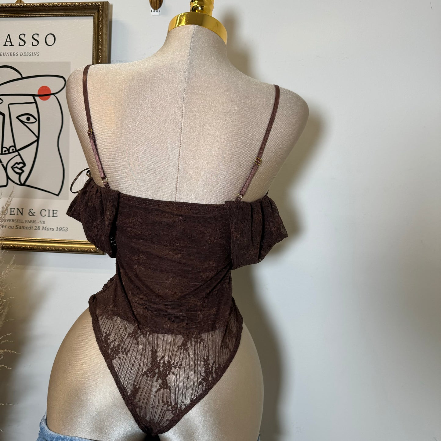 Lace Gold Trim Inset Off shoulder bodysuit-Brown