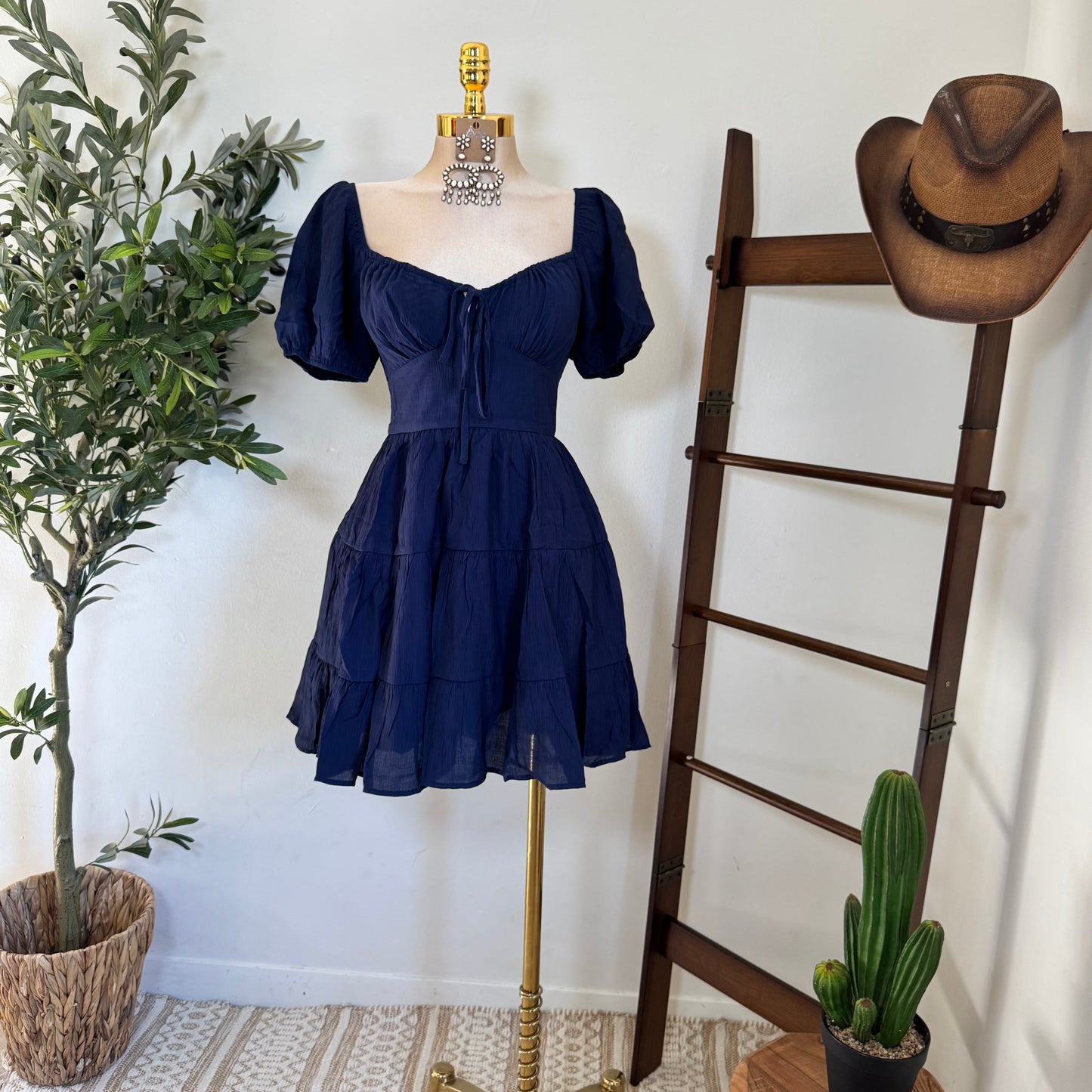 Puff Sleeve Tiered Mini Dress-Navy