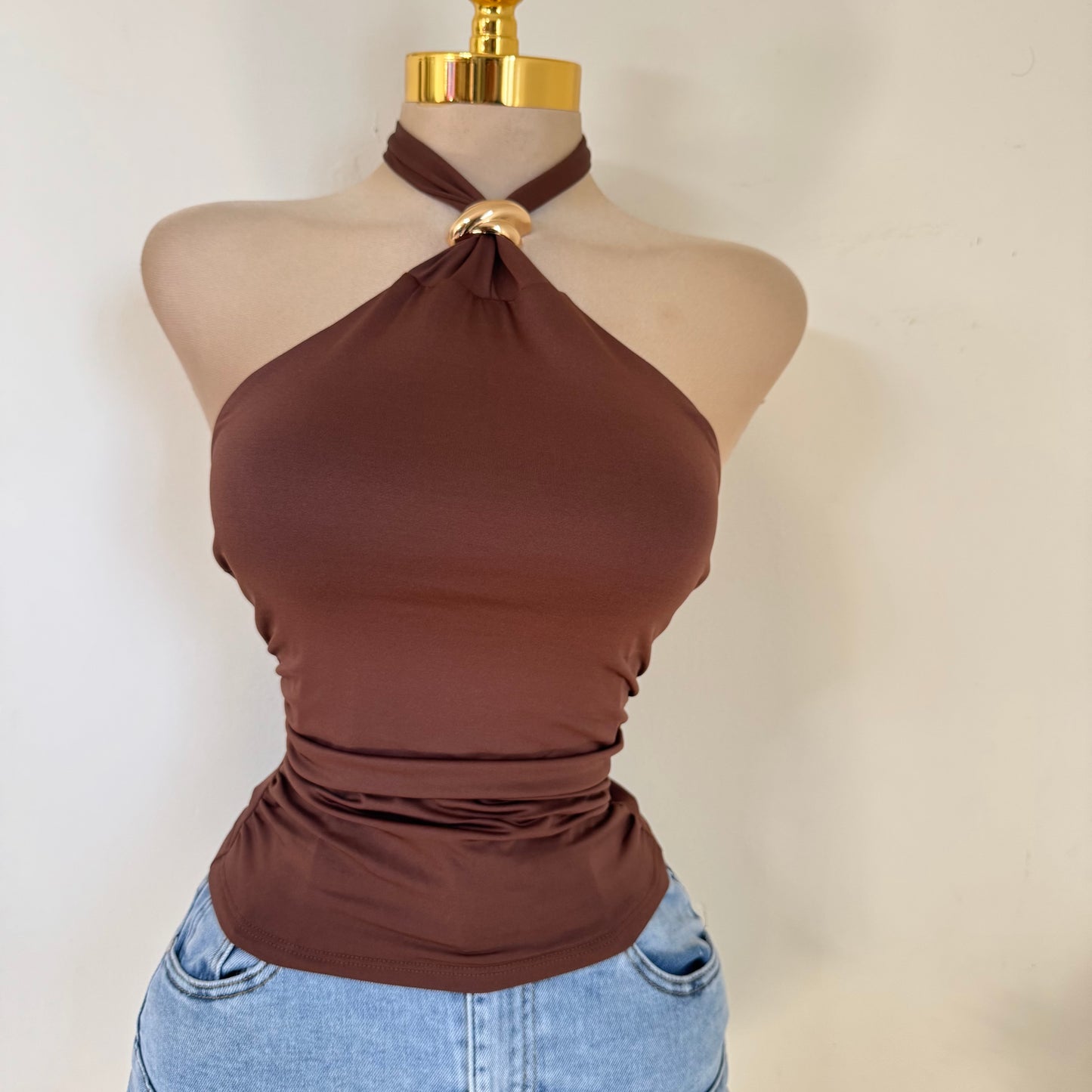 Halter Top w/ Trim Butter Jersey Fabric Gold Detail -Brown