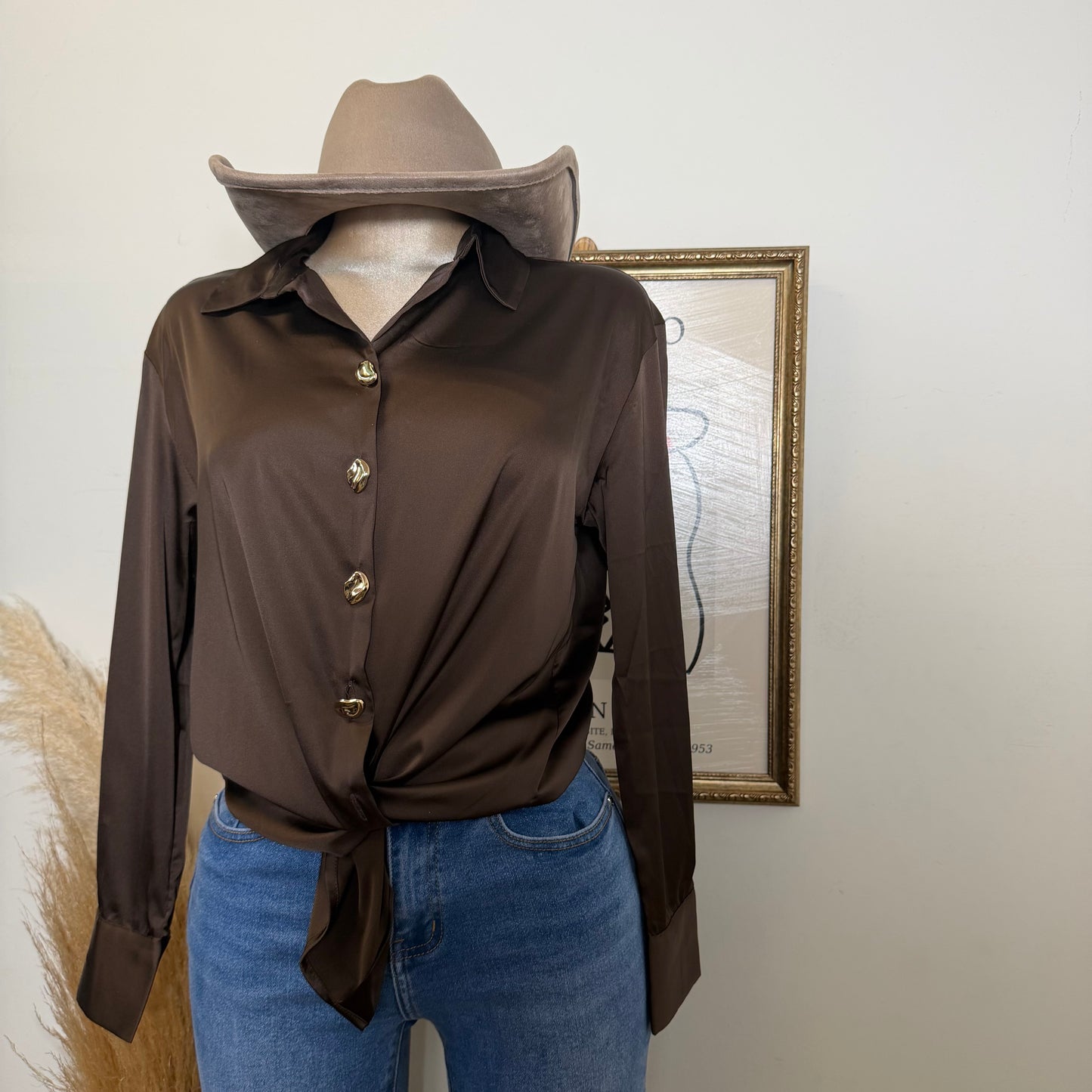 Long sleeve Satin button-Up top-brown