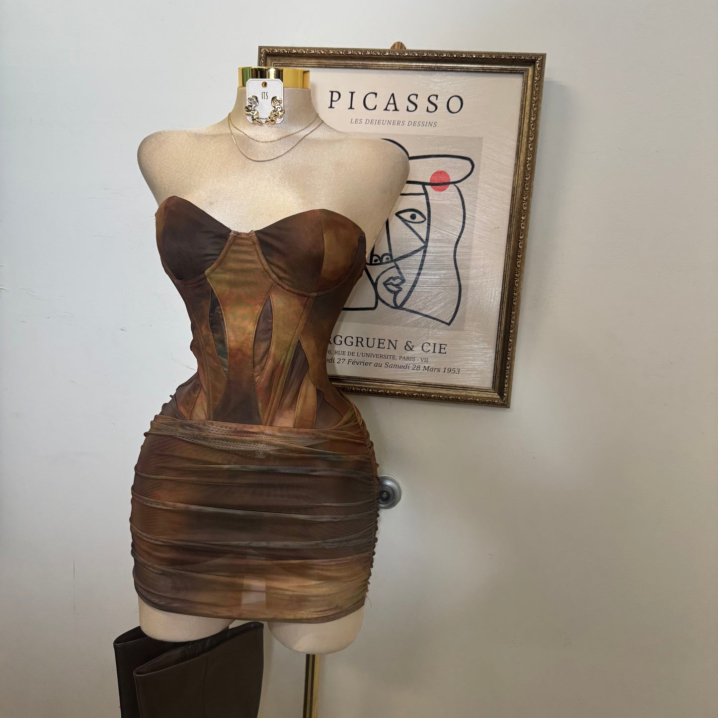 Corset Mesh Mini Dress-Green