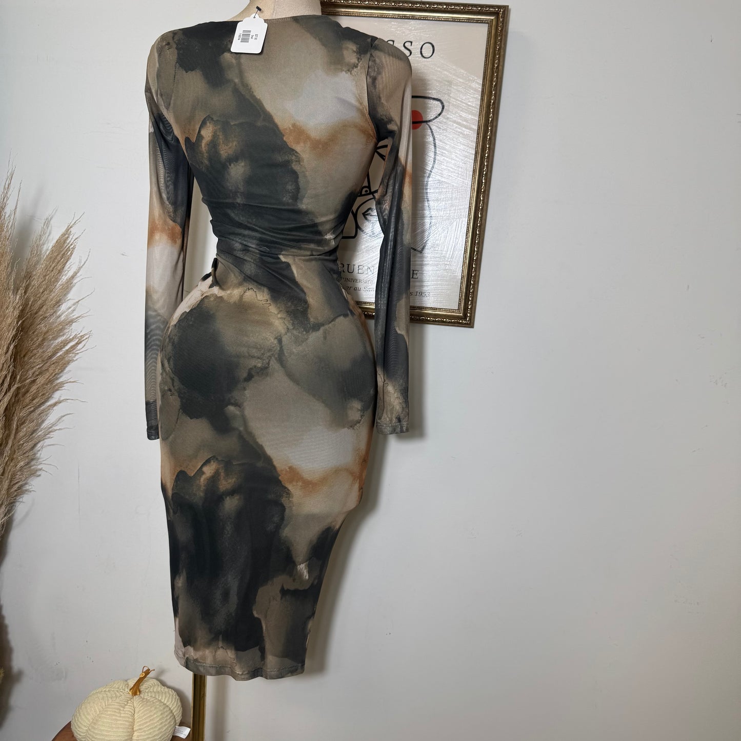 Multi Colored Mesh With trim Midi Dress-Olive