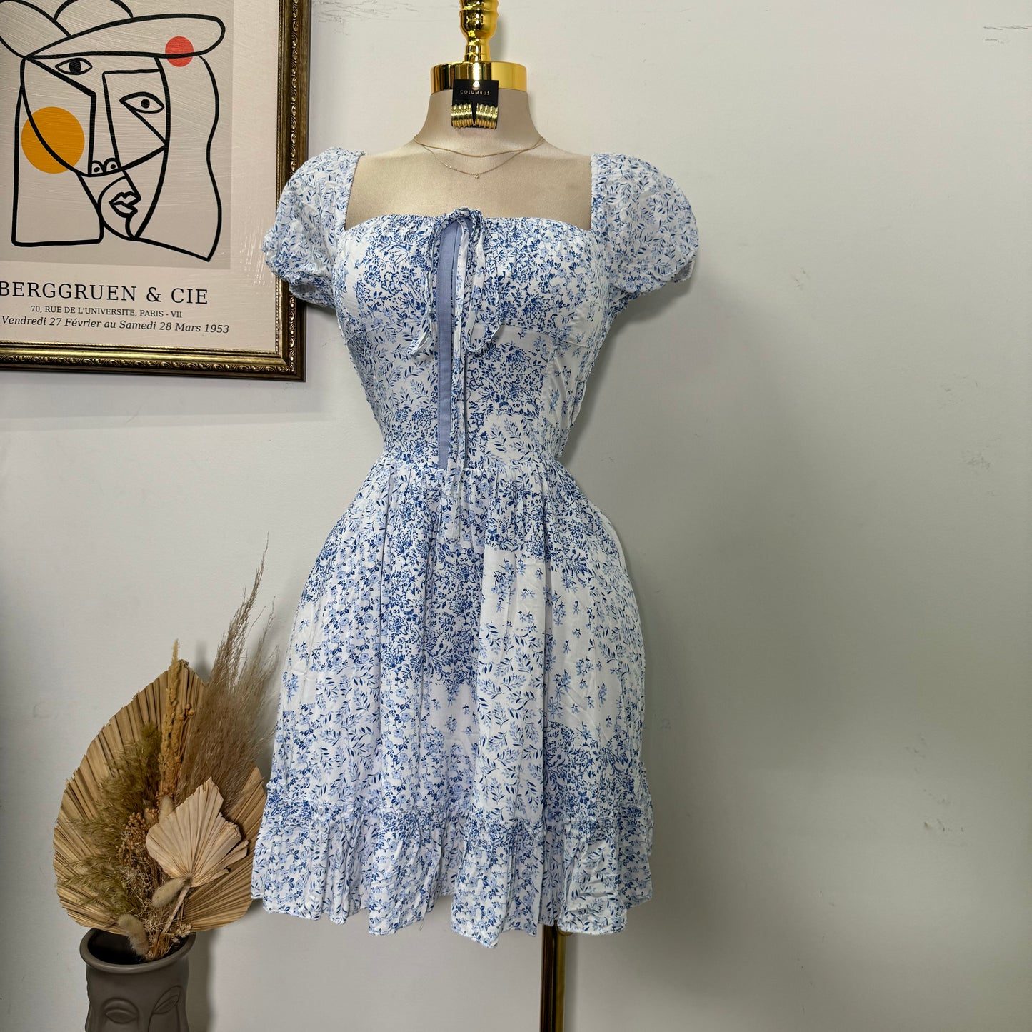 Square Neck Floral Corset Dress-Blue