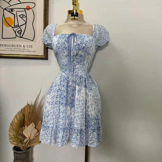 Square Neck Floral Corset Dress-Blue