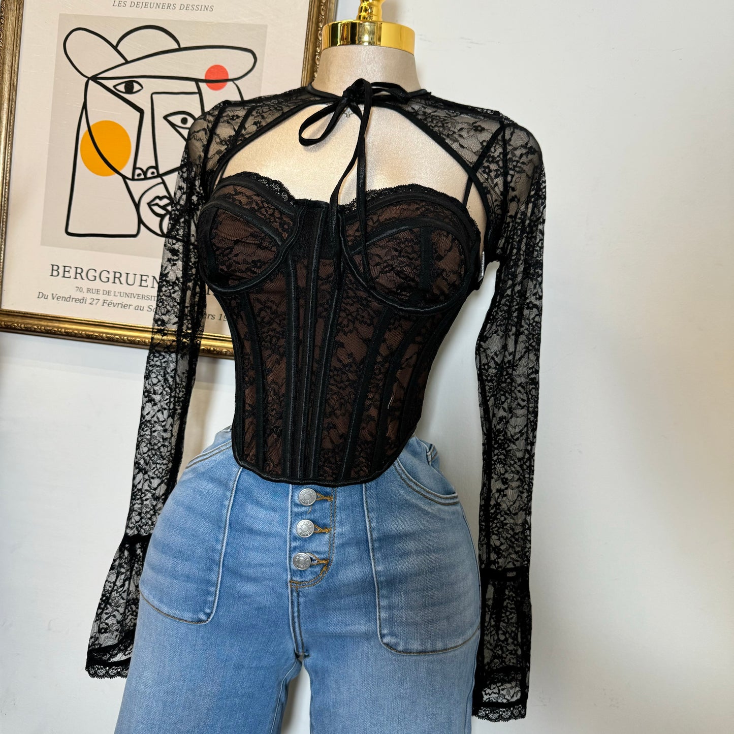 Nadie Lace Long Sleeve Top-Black