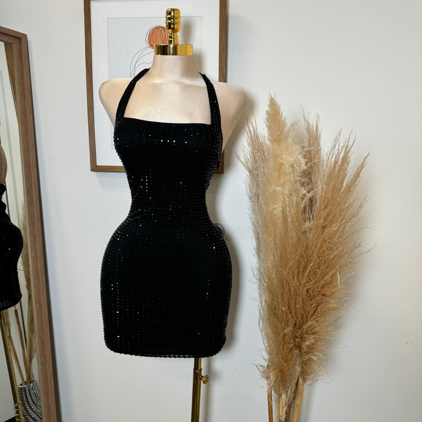 Vegas Rhinestone Halter Dress-Black