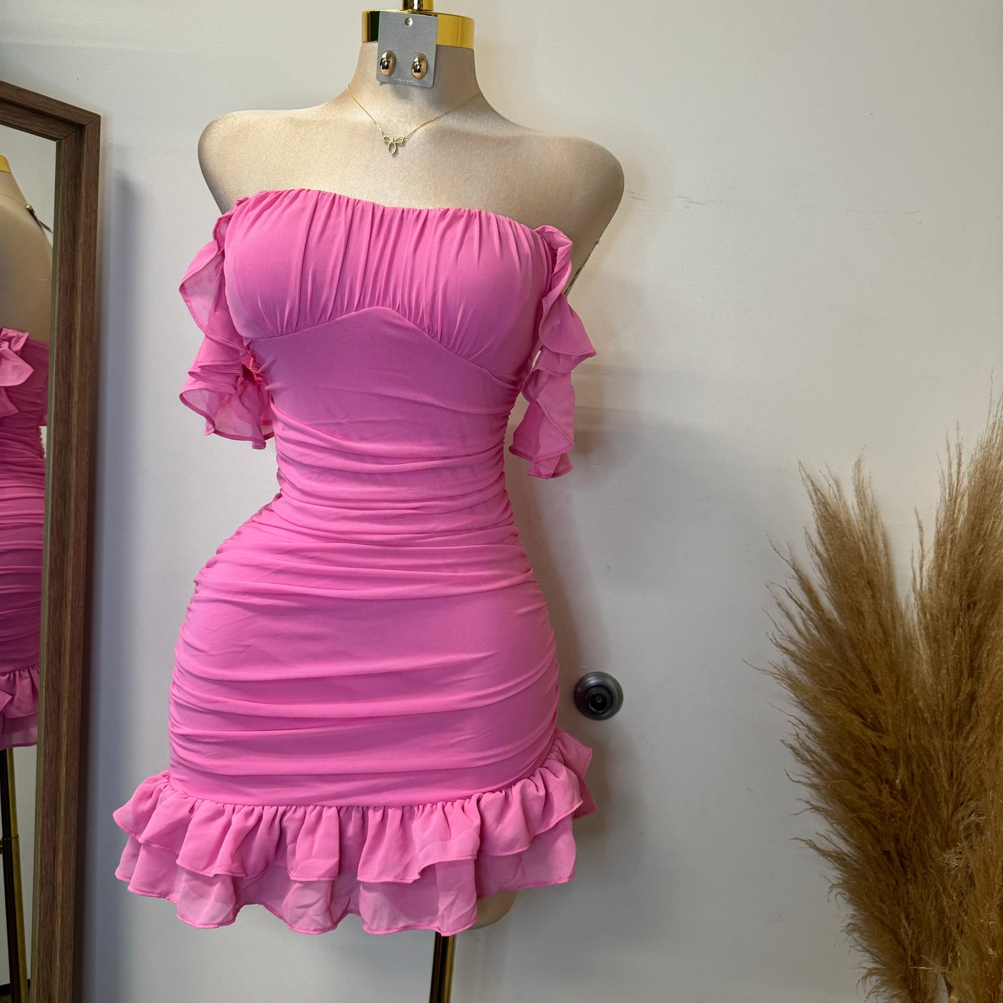 Annalise  Off Shoulder Mesh Asymmetrical Ruffle Hem Dress-Pink