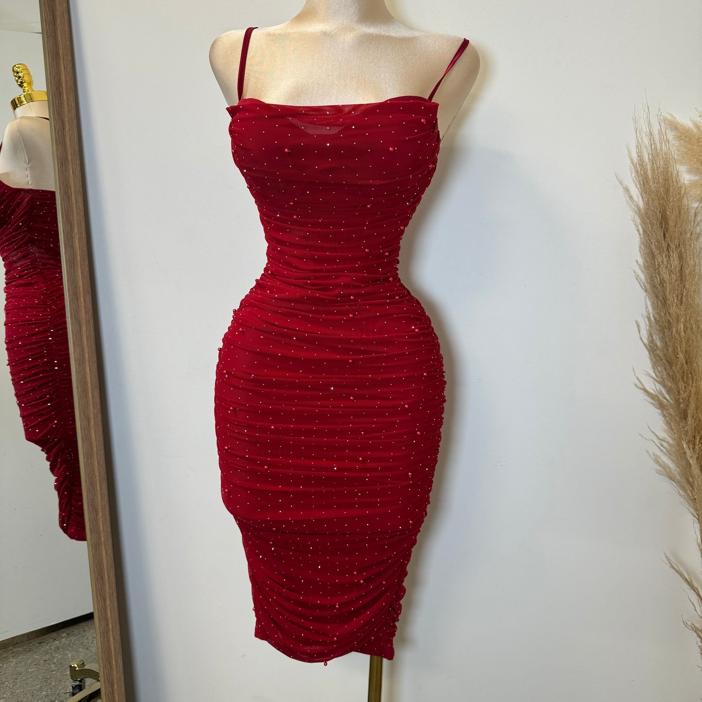 Capri Rhinestone Midi Dress-Red