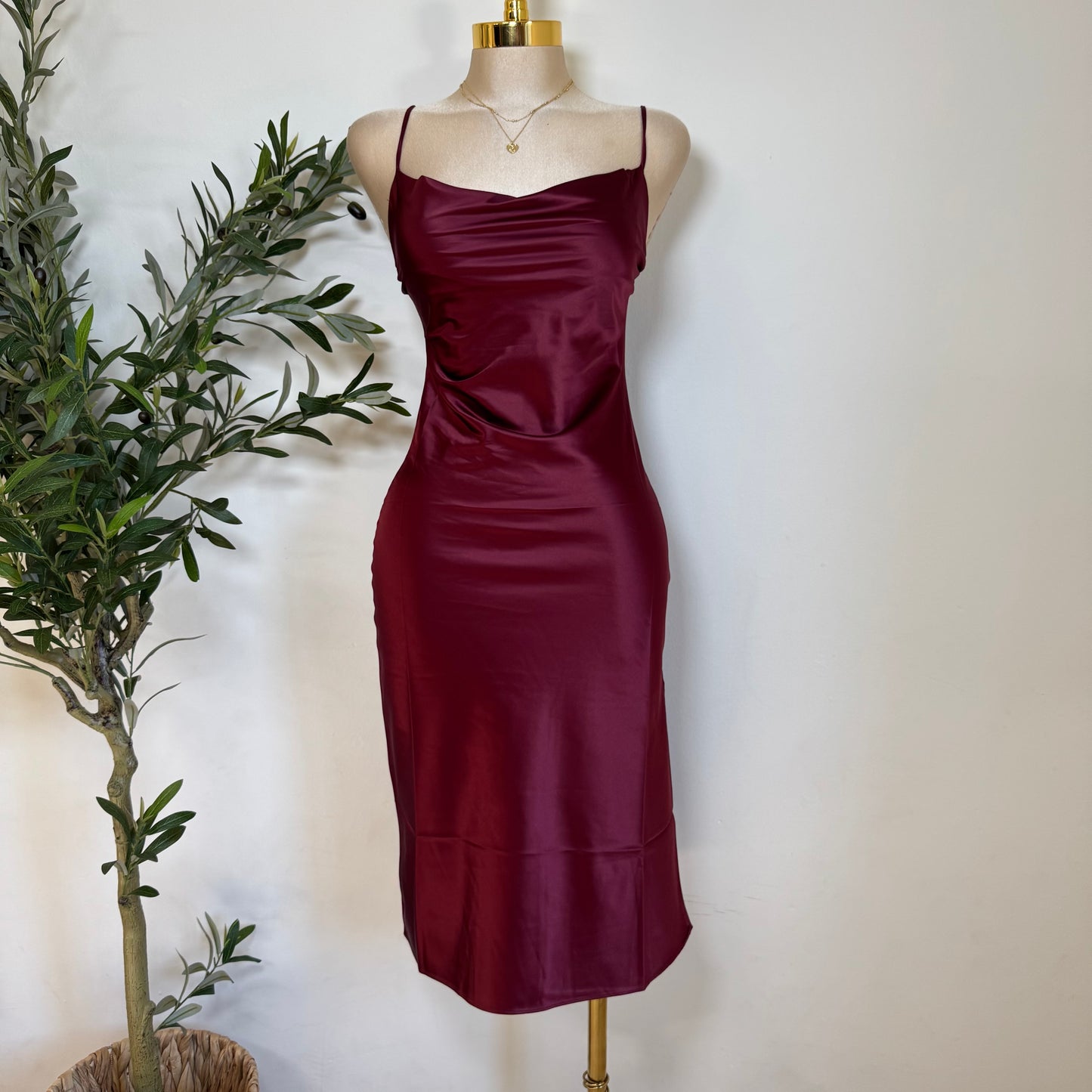 Satin Mermaid Midi Dress-Burgundy