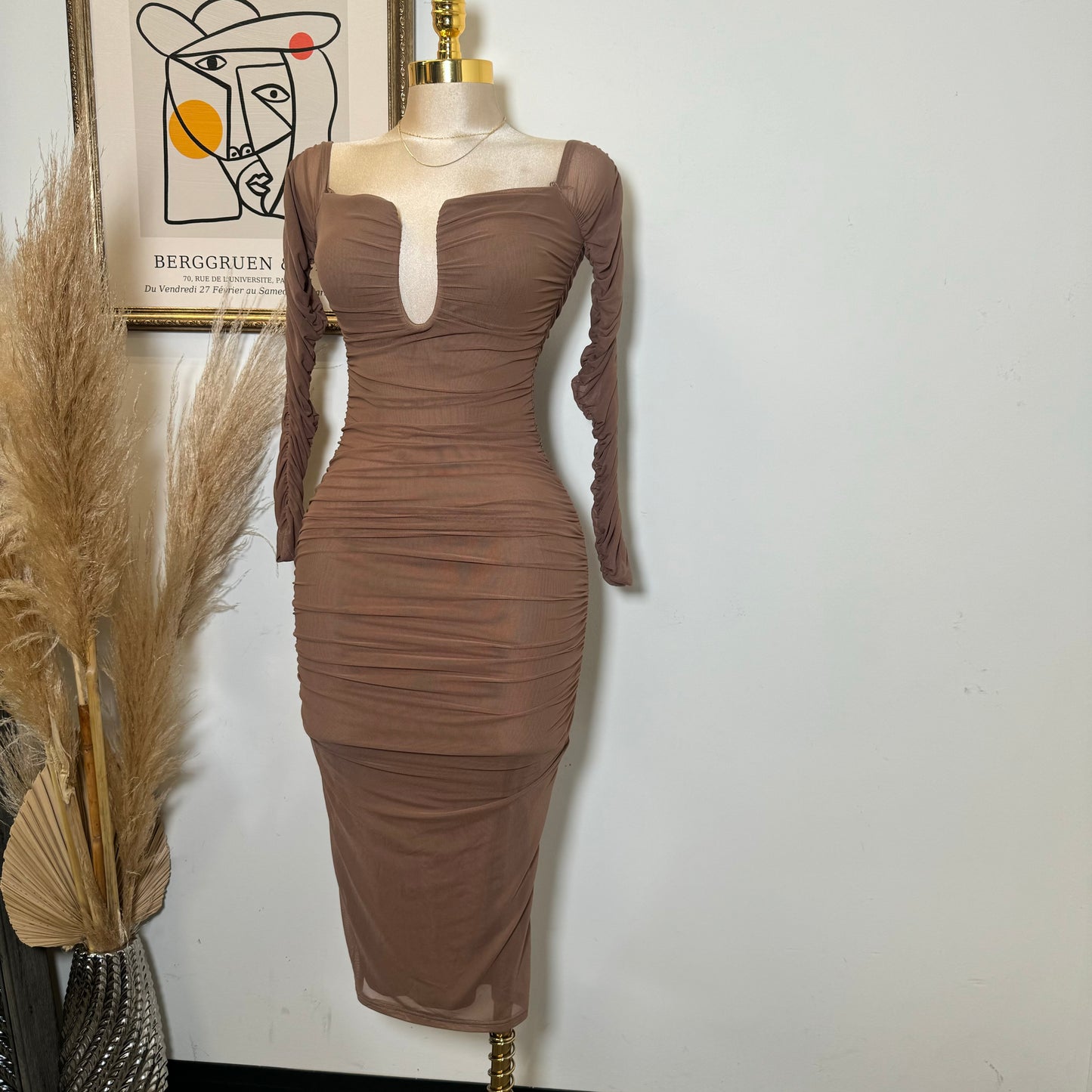 Mesh Off Shoulder Long Sleeve Dress-Brown
