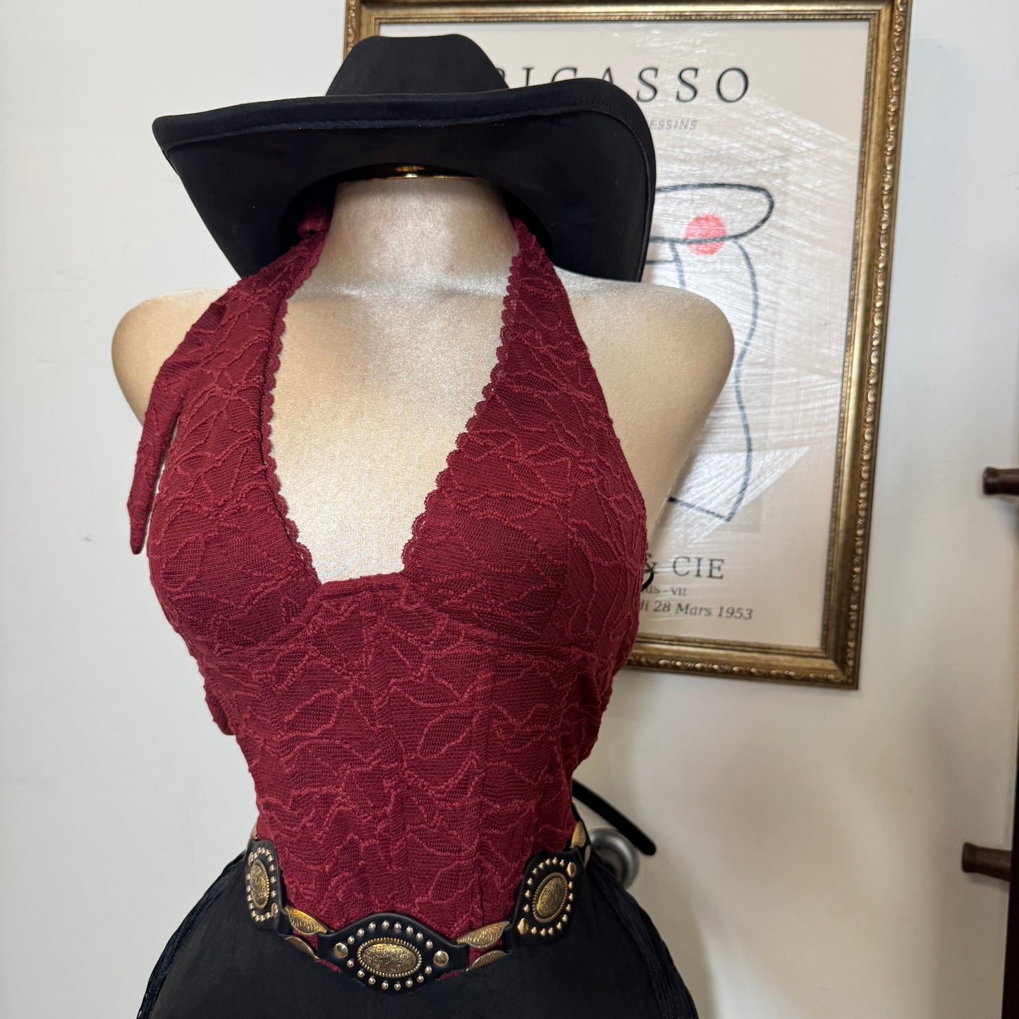 Textured Lace Halter Top-Burgundy