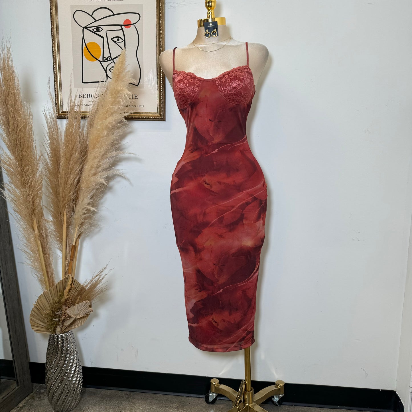 Mesh Spaghetti Dress-Multi Red