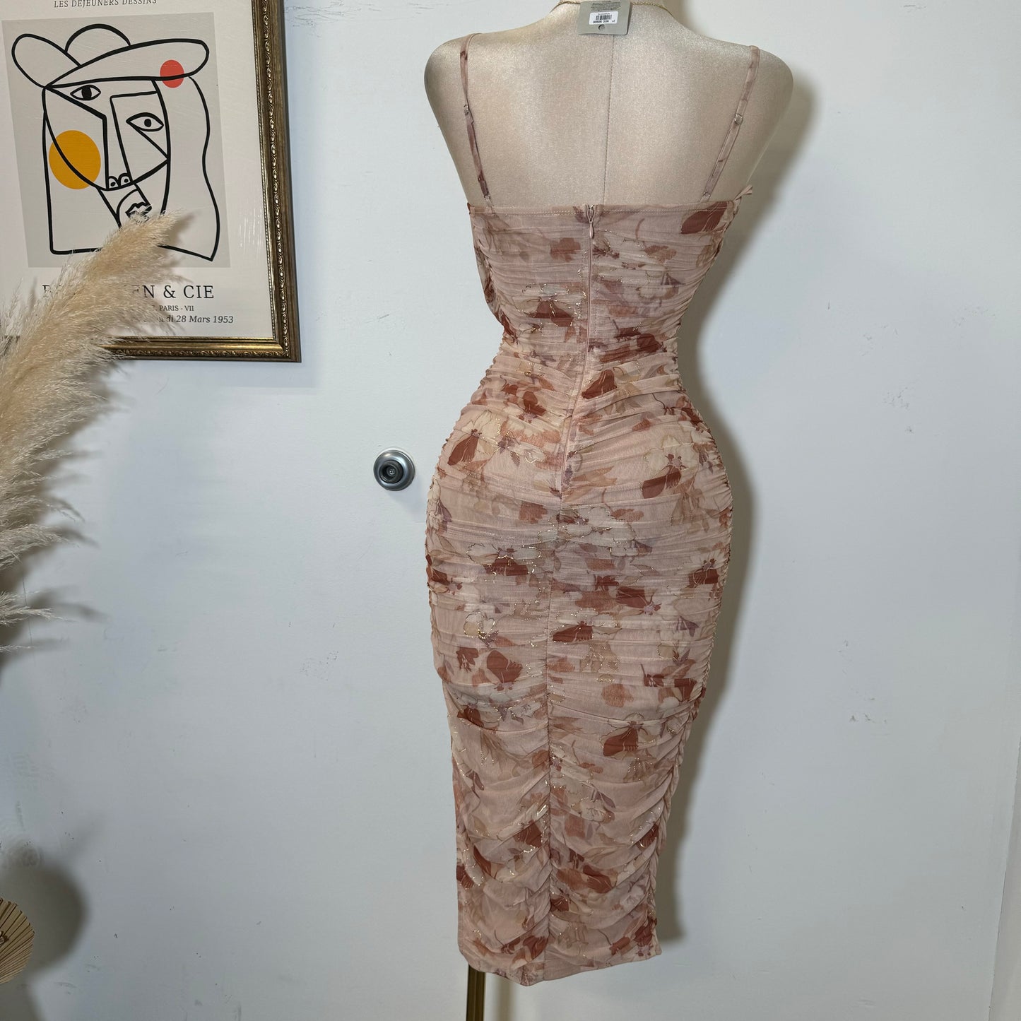 Metallic Mesh Print Tube Neck Line With spaghetti Straps-Rose