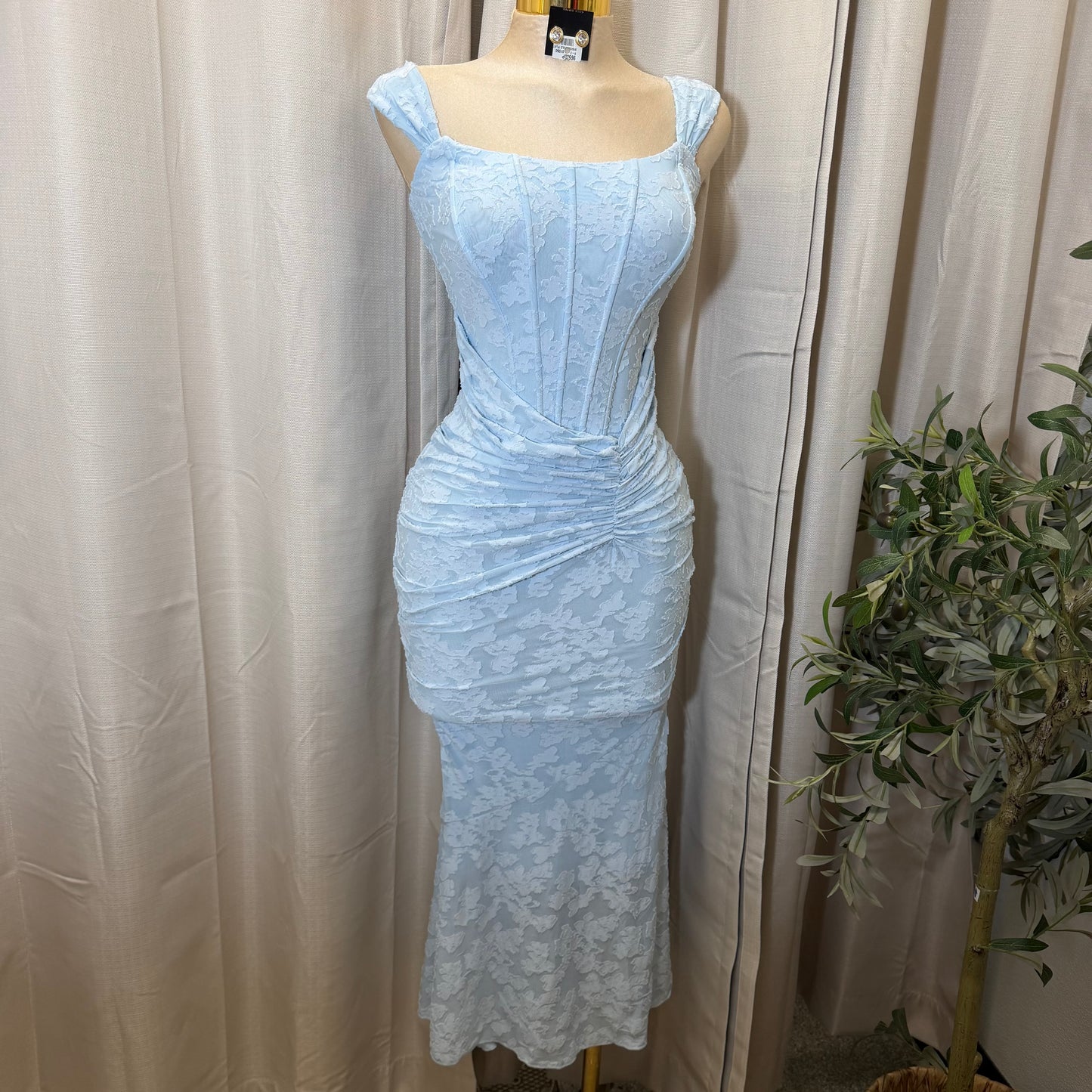 Off Shoulder Ruched Maxi Dress-Baby Blue