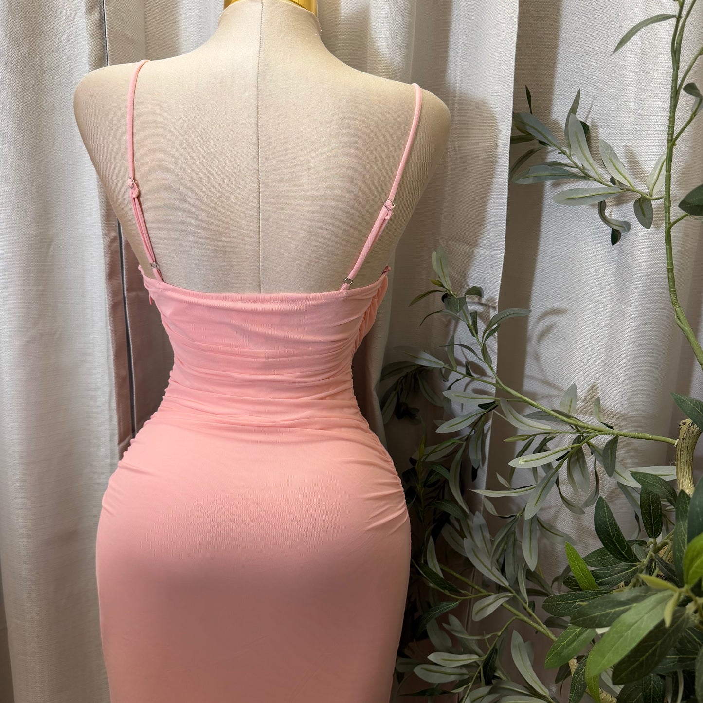 Mesh draped Slit Midi Dress-Baby pink
