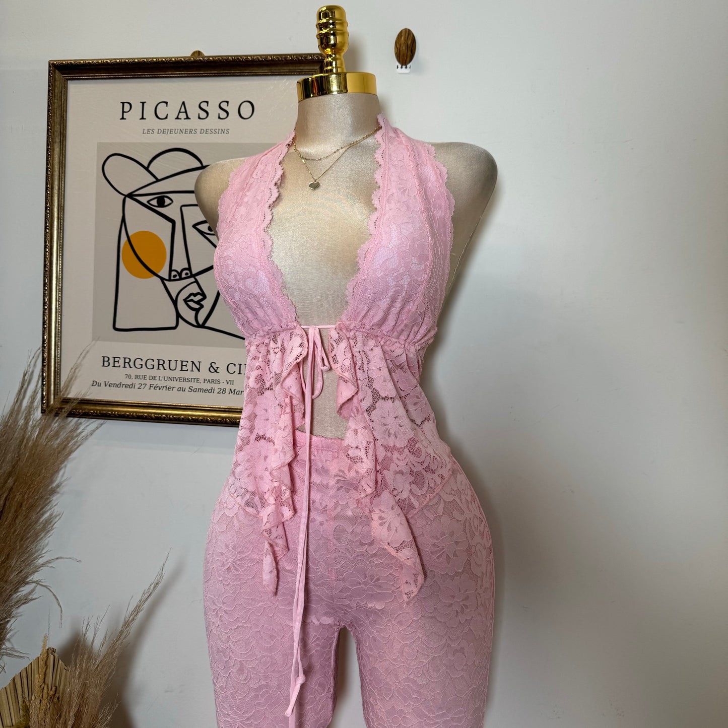 Sexy Lace Pant Set-Pink